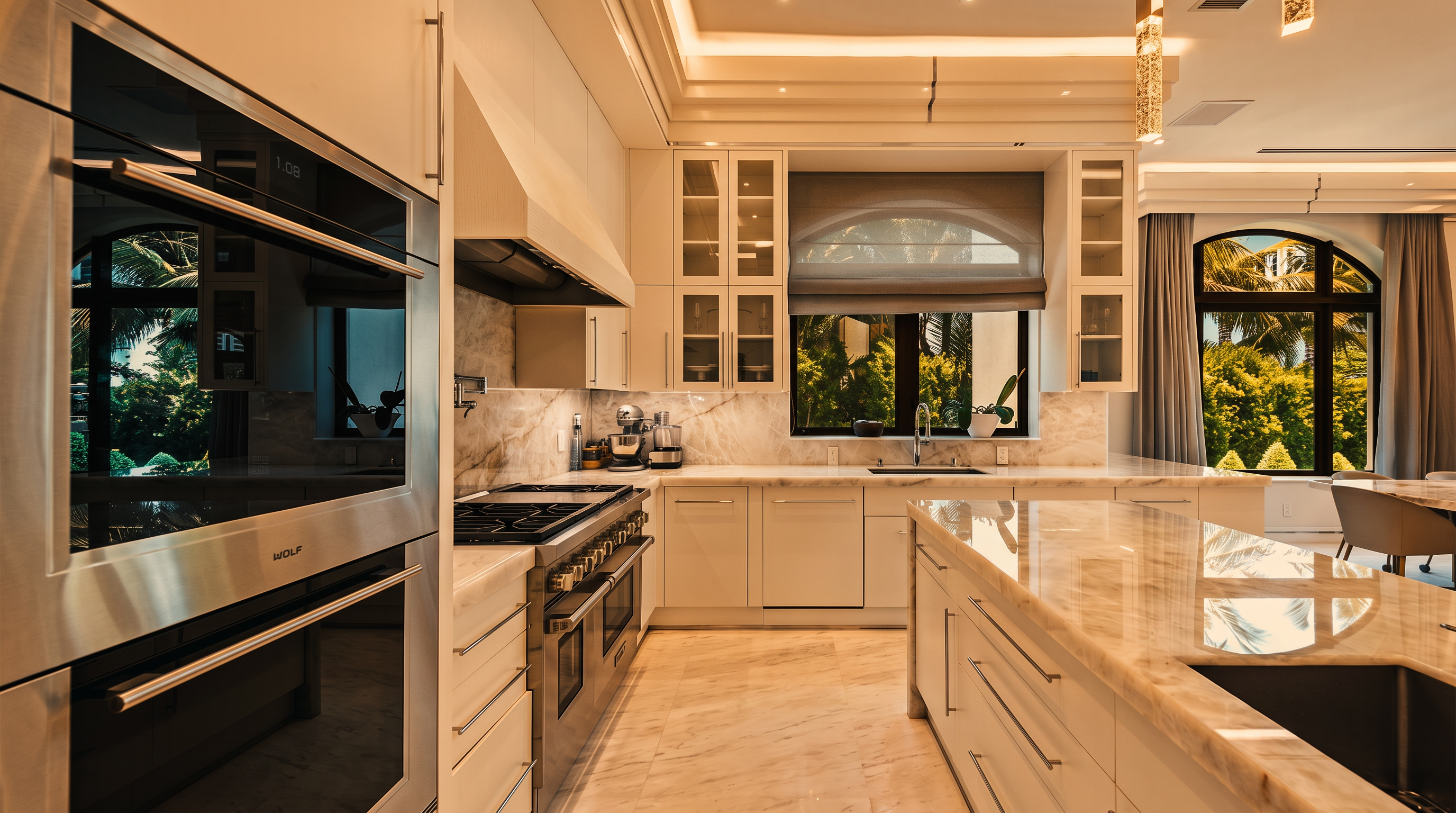 This bright, high-end kitchen features white cabinetry, professional-grade stainless steel appliances, and a large central island with a stone countertop. The space is accented by light-toned stone flooring and a backsplash that complements the clean, modern aesthetic. Large windows above the sink provide natural light and a view of the lush greenery outside, creating an airy and sophisticated atmosphere.