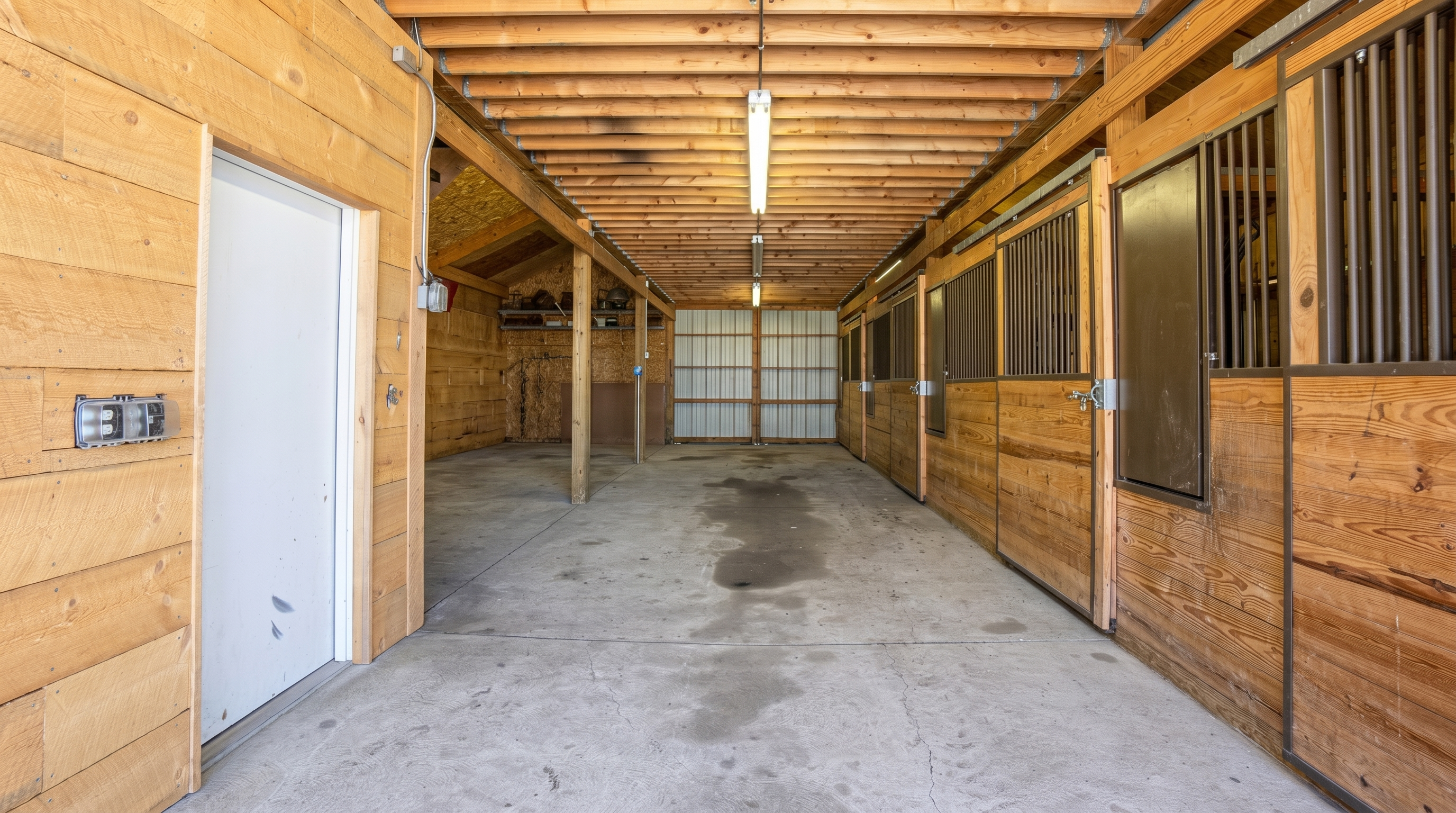 This image shows the interior of a rustic barn or stable facility, featuring a long concrete aisle flanked by wooden horse stalls on the right and a storage area on the left. The structure is defined by exposed wooden ceiling joists and linear overhead lighting, creating a deep, perspective-driven view toward the back of the building where several snowmobiles are parked. The space combines functional agricultural design with a clean, well-maintained aesthetic suitable for storage or equestrian use.