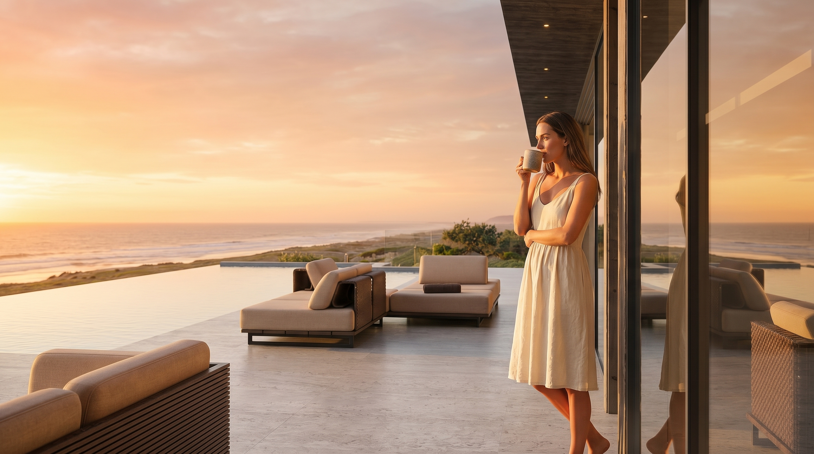 This expansive, modern outdoor terrace features a seamless transition between indoor and outdoor living spaces, highlighted by a stunning infinity-edge pool overlooking the ocean. The deck is furnished with contemporary, low-profile lounge seating in neutral tones, arranged to maximize the panoramic coastal views. Large glass panels provide a clear connection to the interior, creating an airy and sophisticated atmosphere perfect for luxury coastal living.