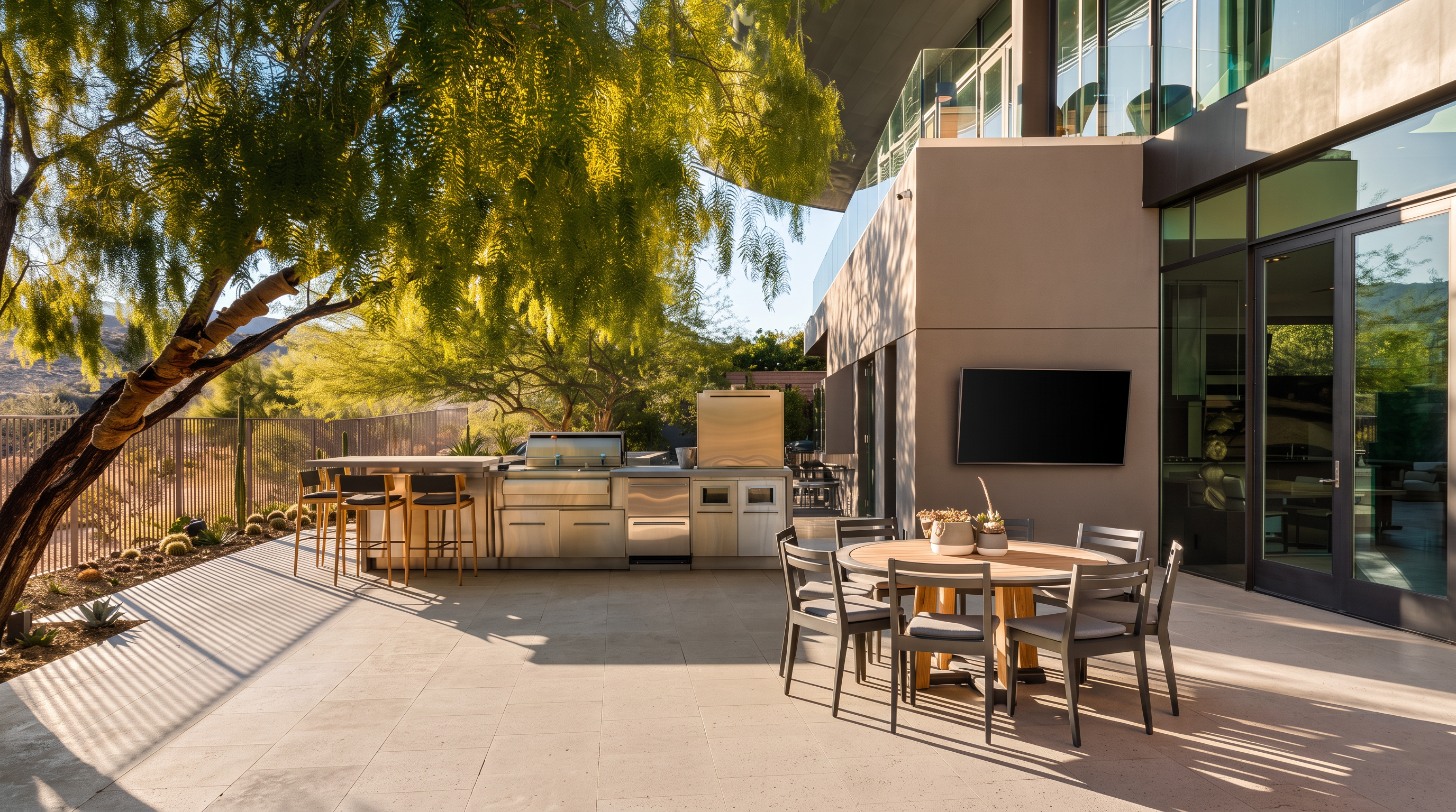 This expansive outdoor patio features a modern stainless steel kitchen island with bar seating and a built-in grill, perfect for al fresco dining. A circular dining table with six chairs sits on the paved surface, while a wall-mounted television provides entertainment under the shade of a large, overhanging architectural roofline. The space is framed by a mature tree and glass railings, offering a seamless transition between the indoor living area and the desert landscape.