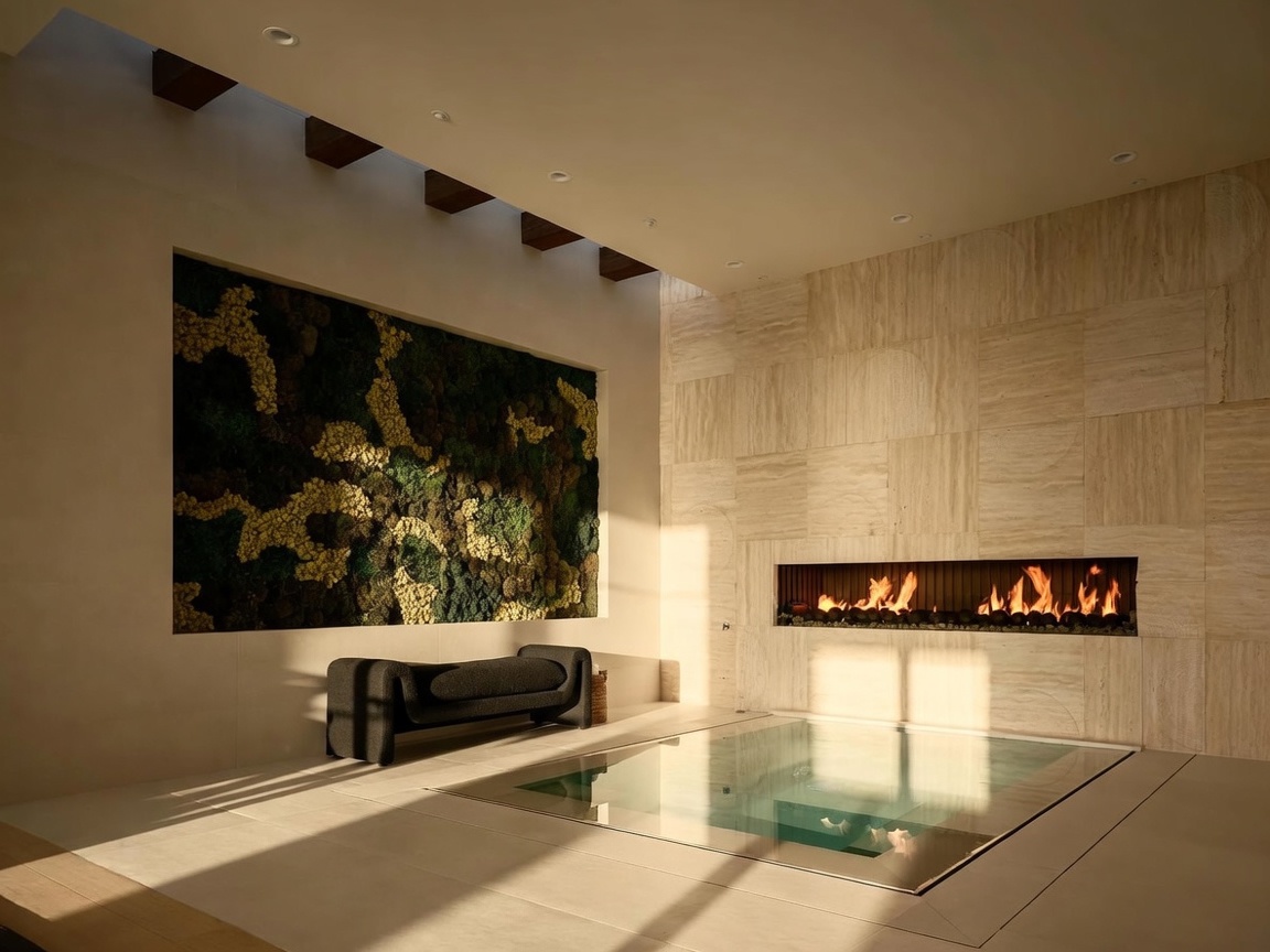 This sophisticated interior space features a sunken indoor spa area adjacent to a long, linear fireplace set into a large-format stone wall. A striking moss-covered art installation adorns the opposite wall, complemented by a sleek, curved bench. The room is bathed in warm, natural light from overhead skylights, creating a serene and luxurious atmosphere.