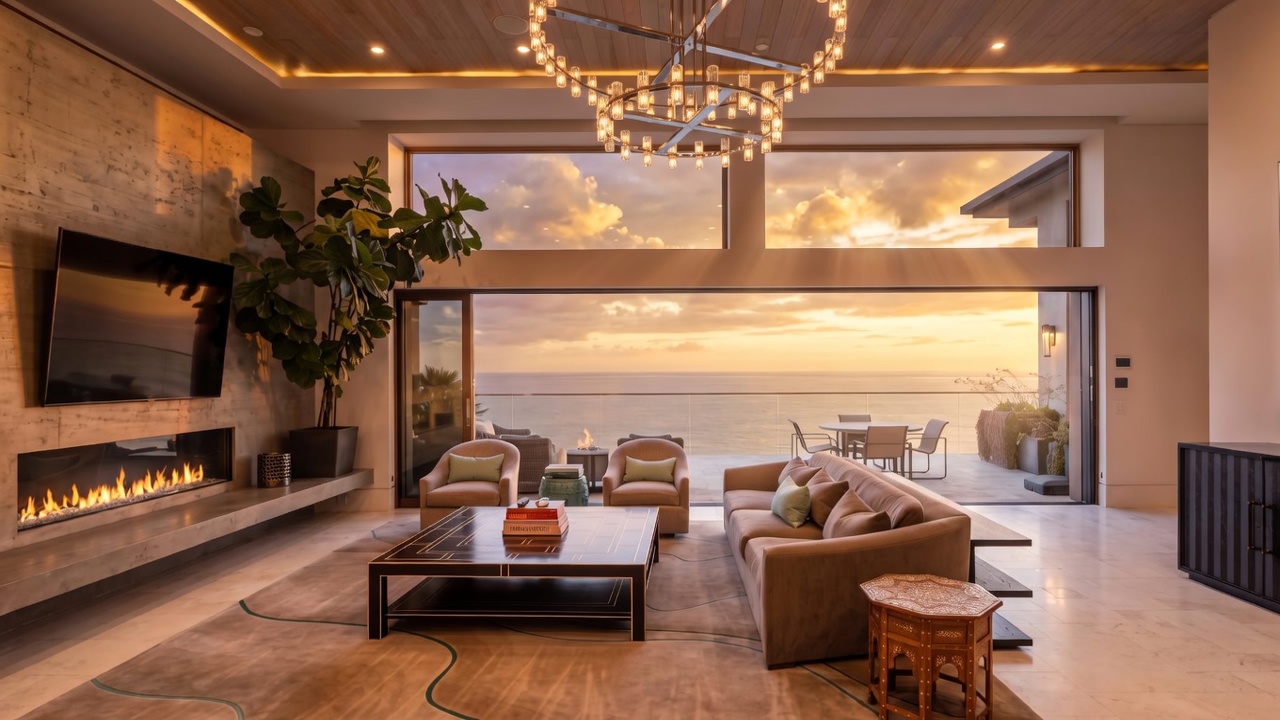 This expansive, modern living room features a neutral color palette and a seamless transition to an outdoor terrace overlooking the ocean through large glass sliding doors. The space is anchored by a long, linear fireplace set into a concrete-textured wall, a large patterned area rug, and a sophisticated chandelier that serves as a focal point. A large fiddle leaf fig plant adds a touch of greenery, while the open-concept layout emphasizes the panoramic coastal views.