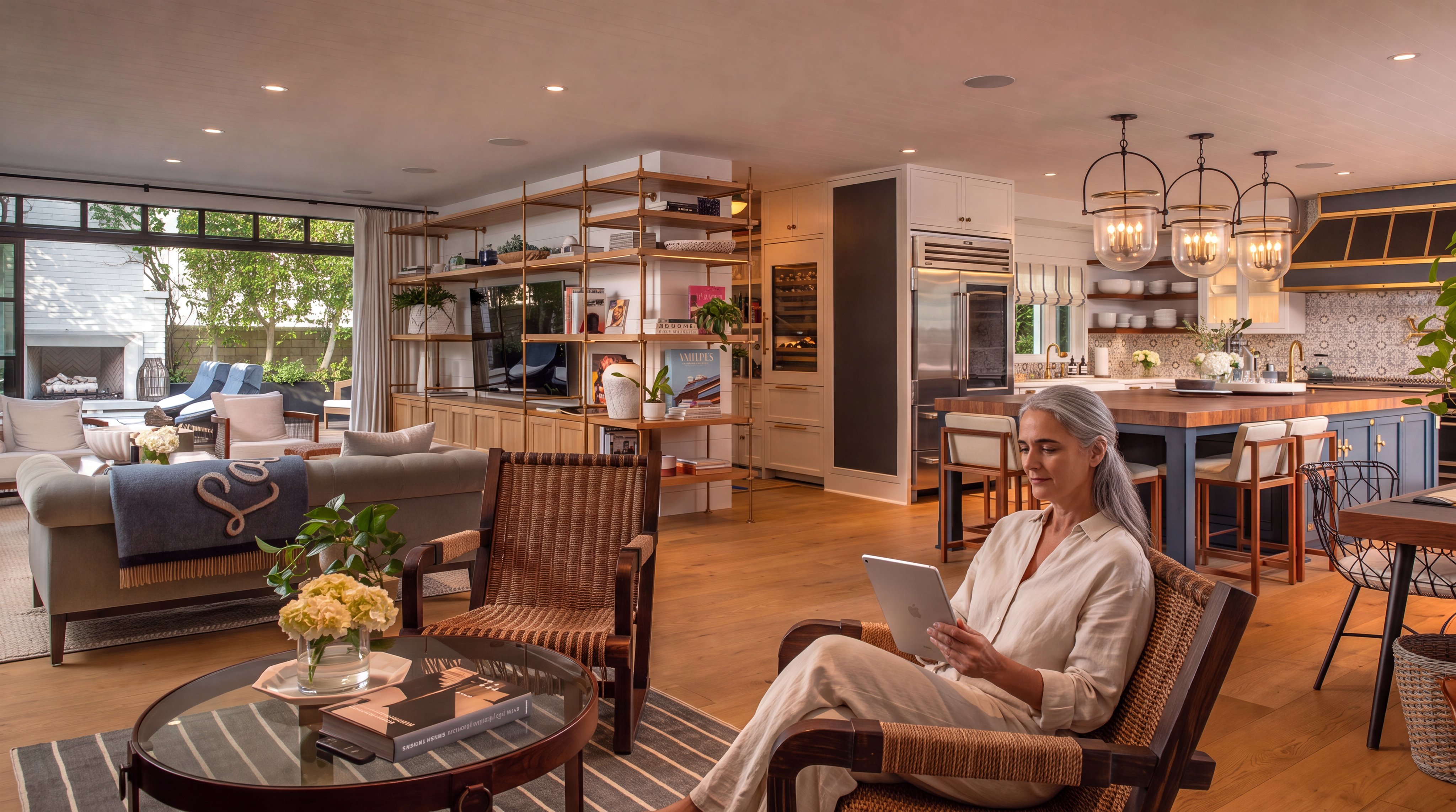 This open-concept living space seamlessly blends a cozy lounge area with a sophisticated kitchen, characterized by light wood flooring and a warm, inviting atmosphere. The living area features woven armchairs and a plush sofa, while the kitchen is anchored by a large island with a thick wood-topped counter and three bar stools. Large glass doors open to an outdoor patio, creating a fluid transition between indoor and outdoor living spaces.