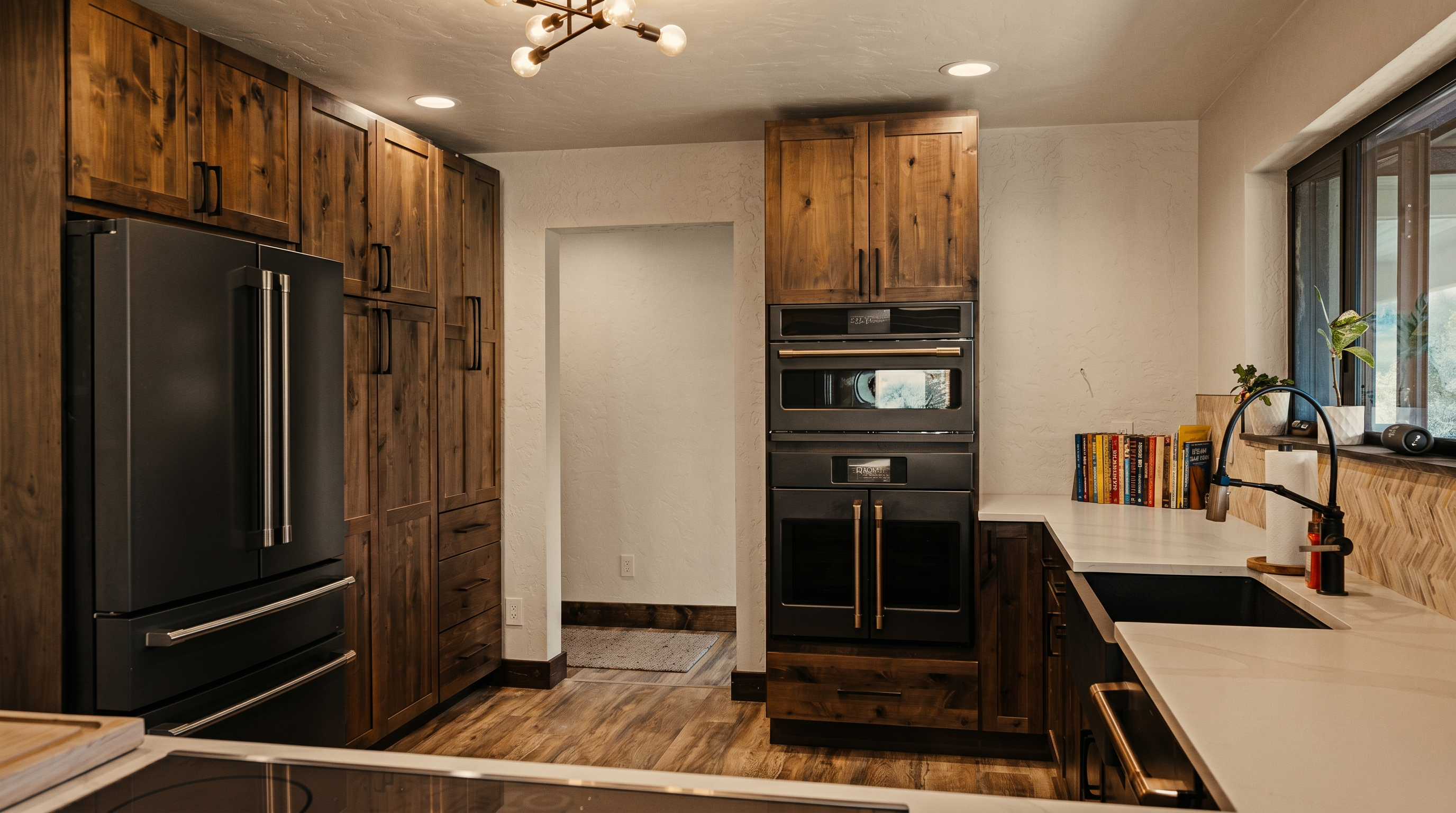 This modern kitchen features warm-toned wood cabinetry paired with sleek black appliances and white countertops. The space includes a built-in wall oven and microwave unit, a farmhouse-style sink, and a central island with a cooktop. A unique, multi-arm light fixture hangs from the ceiling, adding a contemporary touch to the rustic-inspired cabinetry.