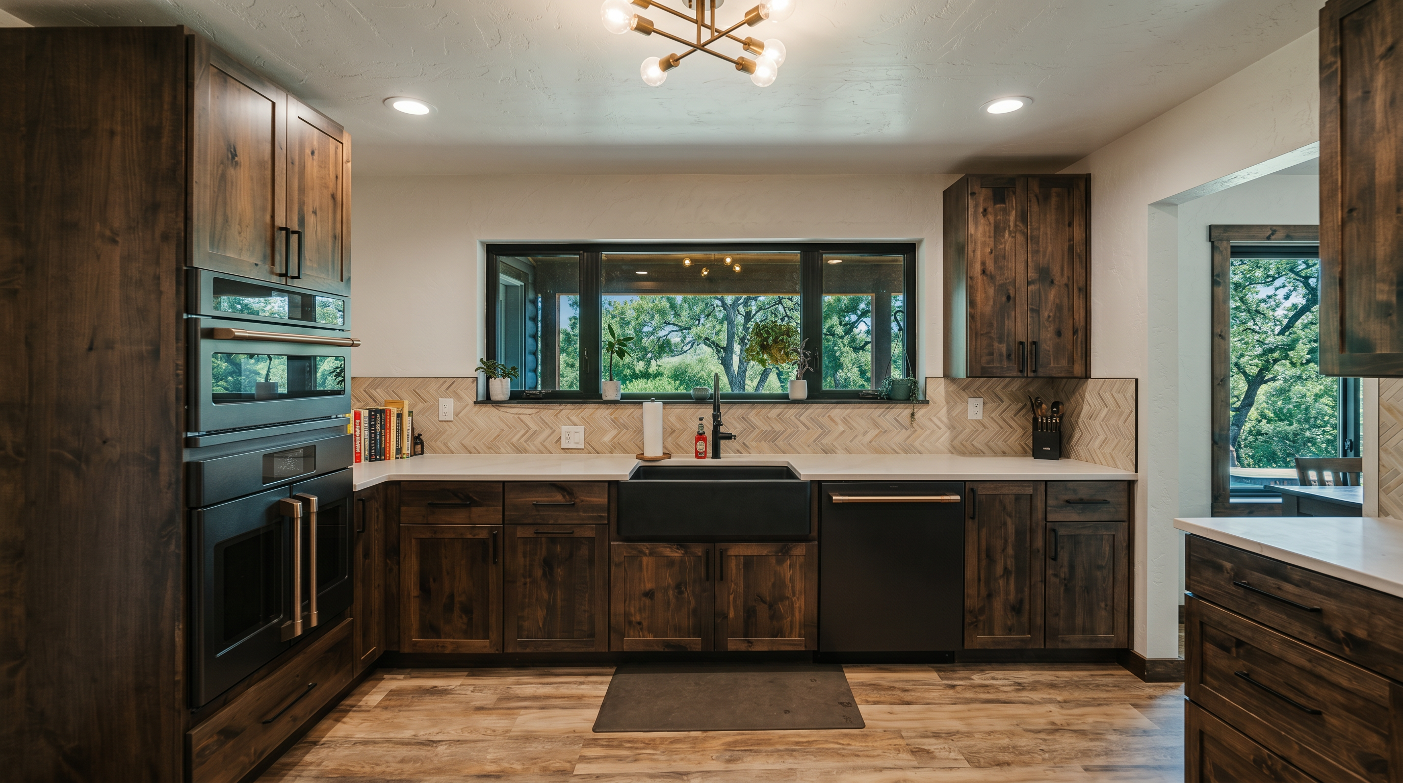 This rustic-modern kitchen features warm wood-toned cabinetry paired with sleek black appliances and a deep farmhouse-style sink. A herringbone-patterned backsplash adds texture, while a large window above the sink provides a bright, scenic view of the outdoors. The space is illuminated by a contemporary multi-arm light fixture, creating a cozy and functional atmosphere.