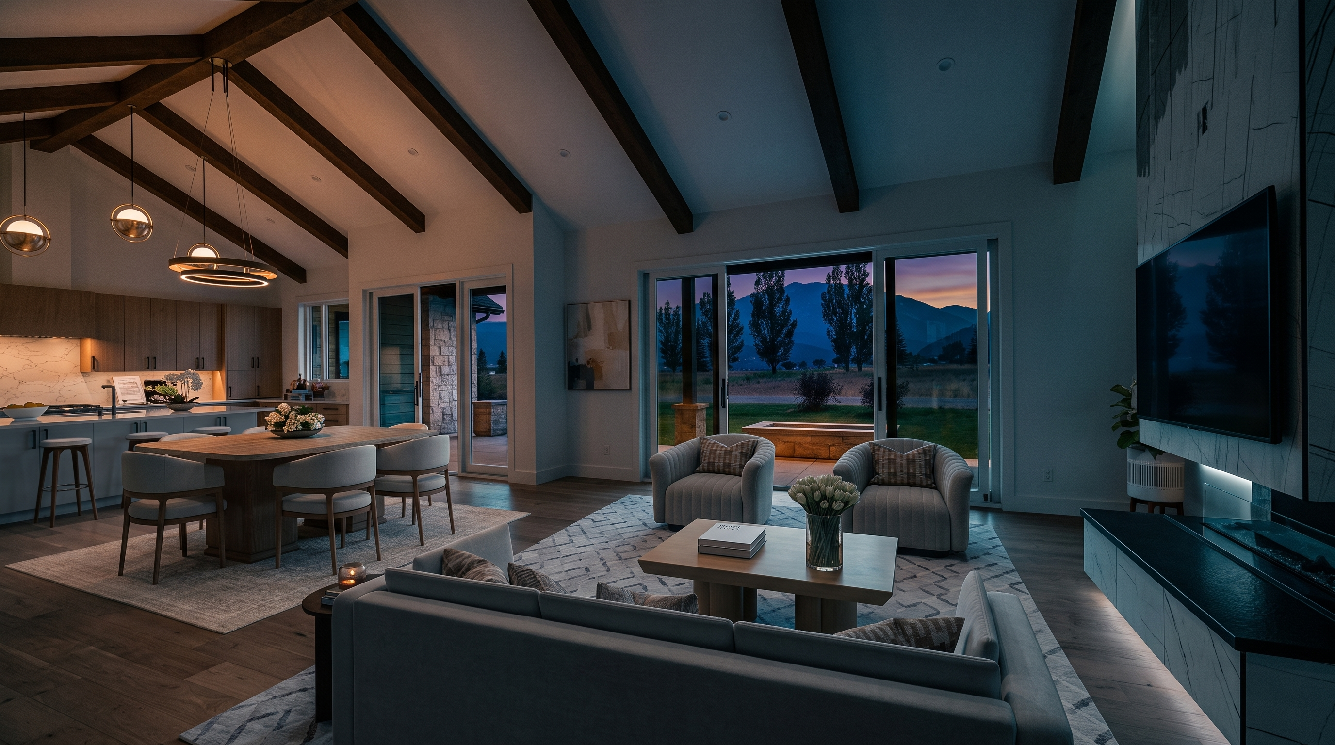 This spacious, open-concept living area features a dramatic vaulted ceiling with exposed wooden beams and a wall of floor-to-ceiling glass sliding doors that reveal a scenic outdoor view. The room is decorated in a sophisticated, neutral palette, anchored by a light-colored sectional, plush armchairs, and a modern coffee table. Flowing seamlessly into an adjacent dining and kitchen area, the home offers a bright, airy atmosphere perfect for modern living and entertaining.