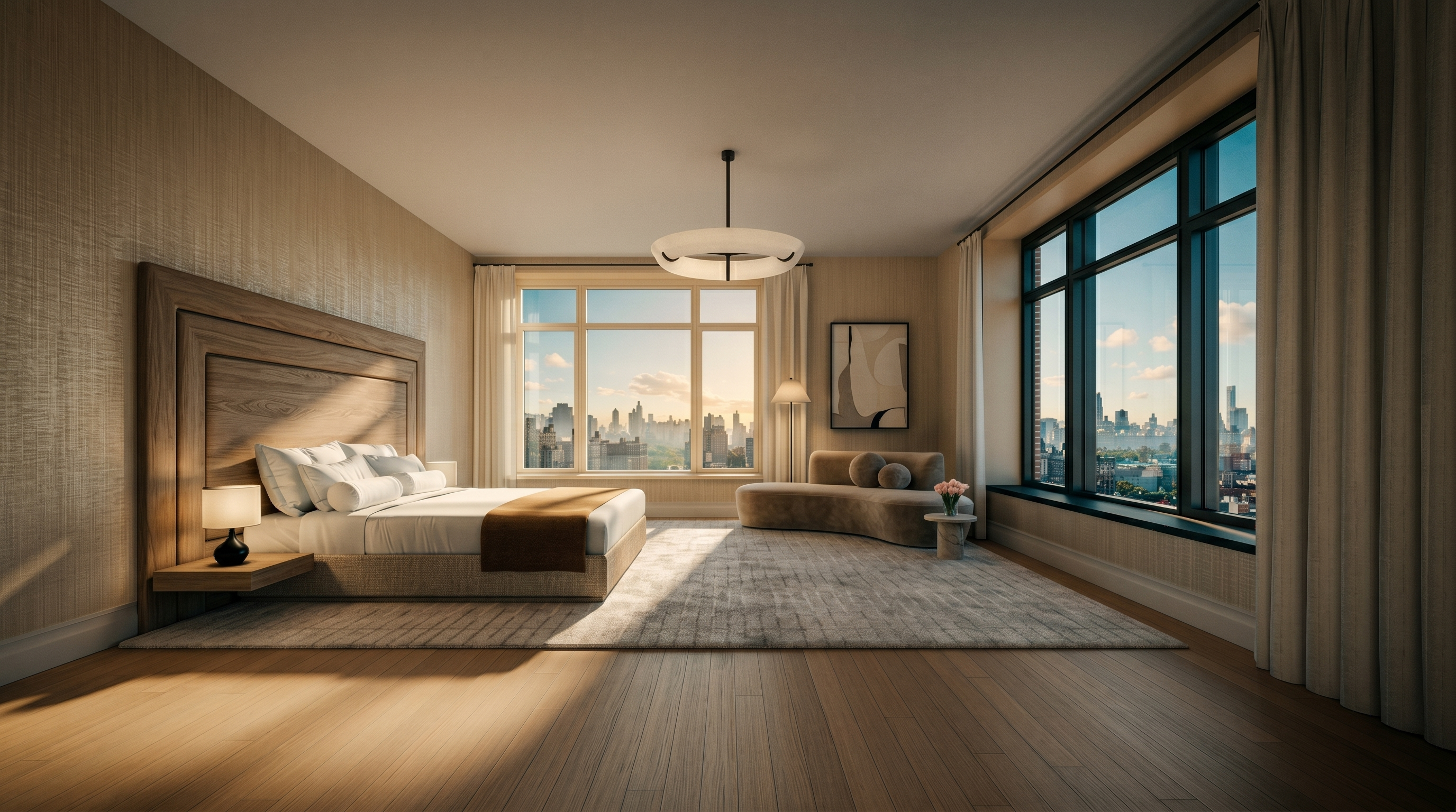 This spacious primary bedroom features a minimalist, modern aesthetic with light wood flooring and neutral-toned walls. A large, upholstered headboard serves as a focal point, complemented by a sleek, curved sofa and a large area rug that anchors the seating area. Expansive windows provide abundant natural light and panoramic city views, creating an airy and sophisticated atmosphere.