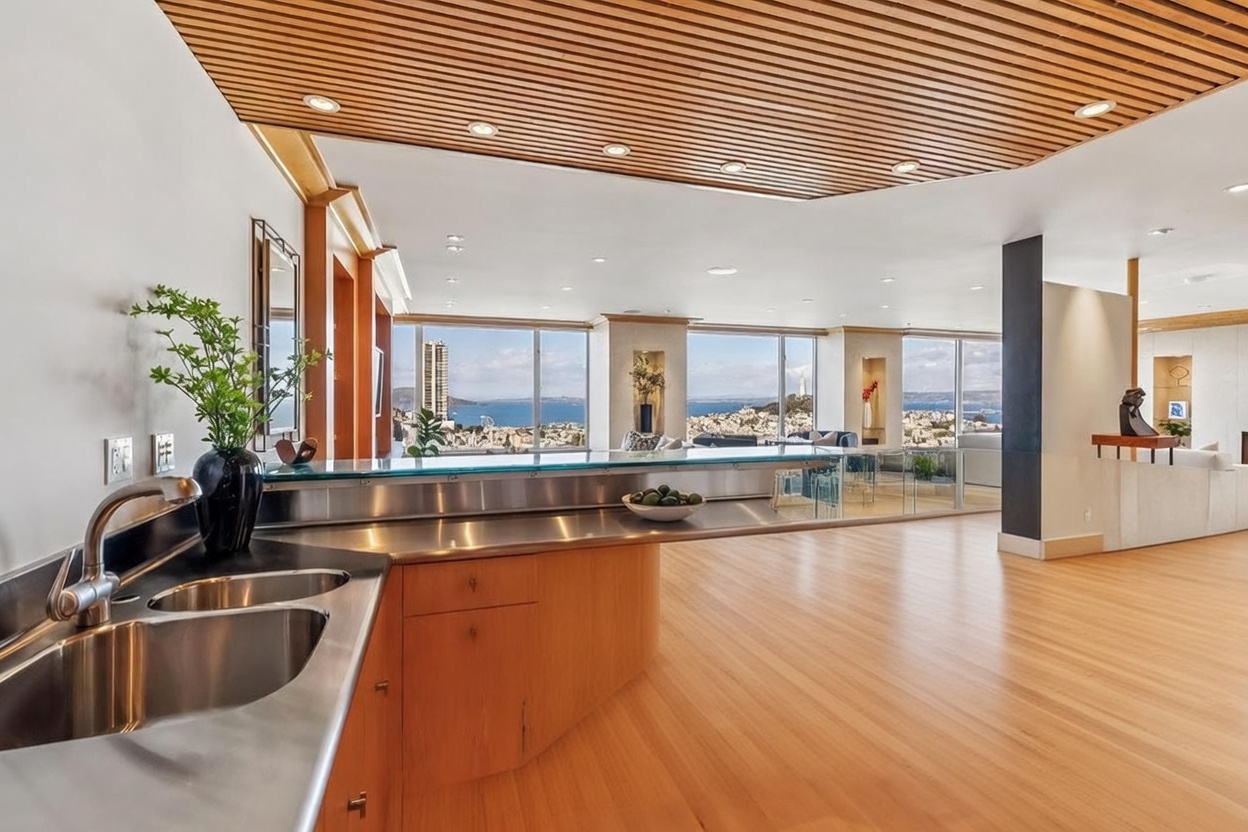 This kitchen features light wood cabinetry paired with a stainless steel countertop and a glass-topped breakfast bar that overlooks a spacious living area. The room is defined by a unique slatted wood ceiling with recessed lighting and expansive windows that provide a panoramic view of the city and bay. The perspective is from the kitchen sink, looking out across the counter toward the open-concept living space.