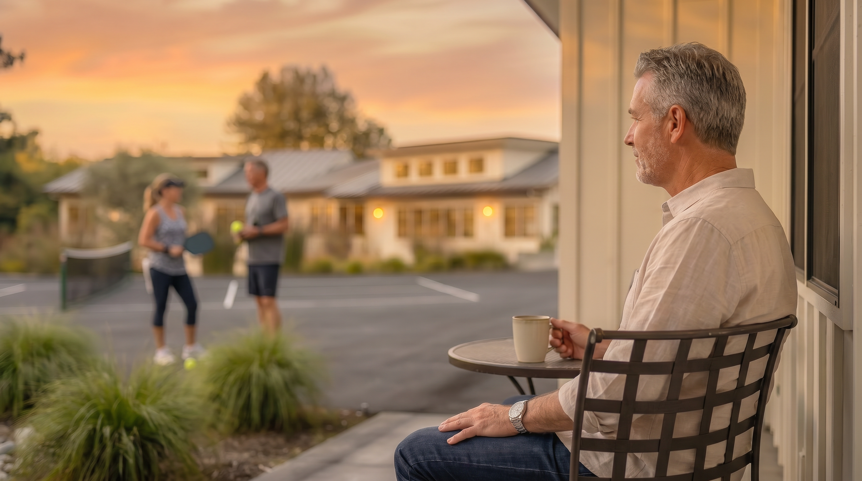 This outdoor patio space overlooks a recreational area, featuring a clean, modern aesthetic with board-and-batten siding and a covered seating area. The space includes a comfortable bistro set positioned next to a dark-framed entry door, providing a peaceful spot to enjoy views of the paved court and carefully landscaped perimeter. The bright, open design emphasizes a functional transition between indoor comfort and outdoor leisure.