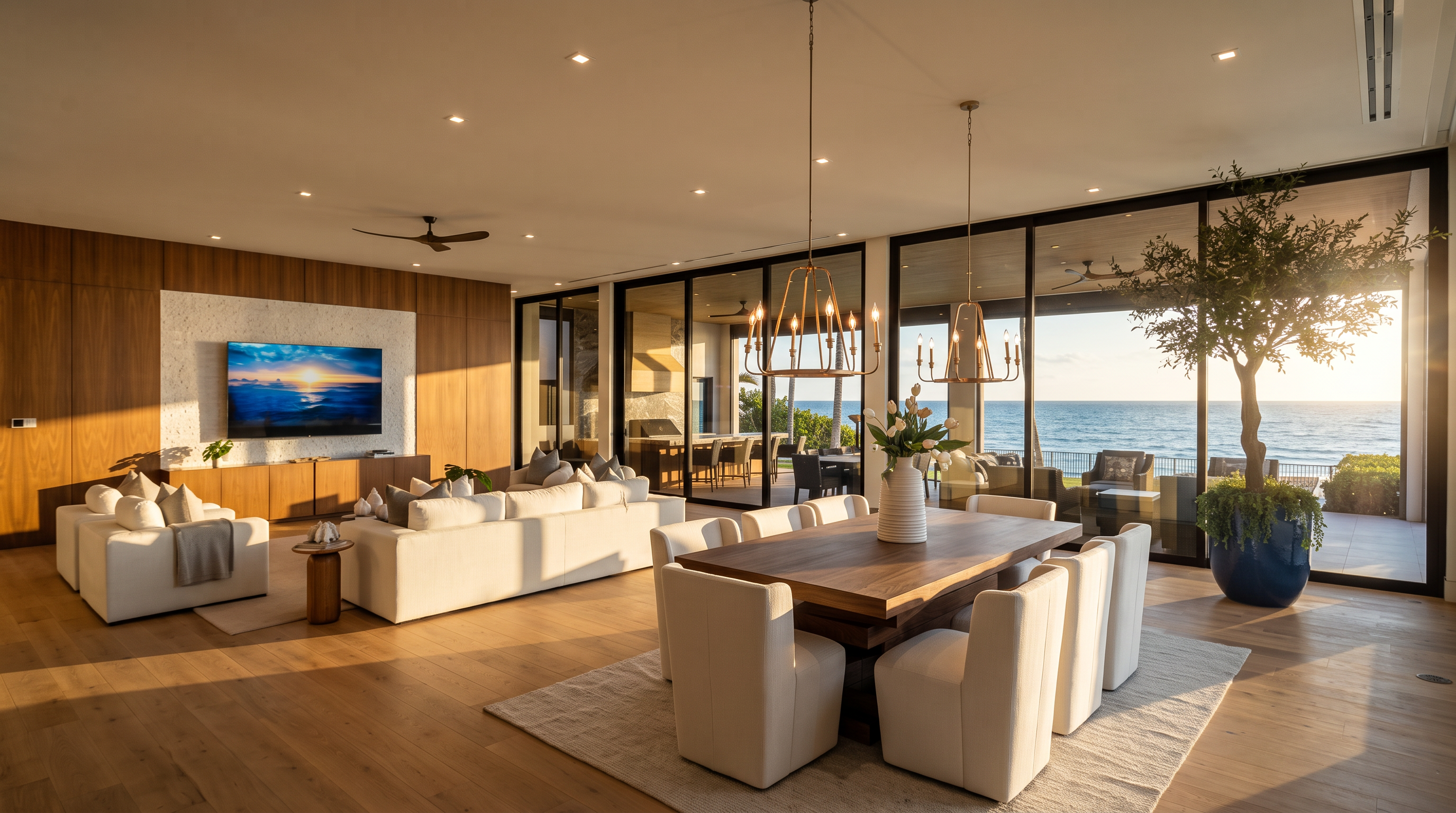 This expansive open-concept living and dining area features light wood flooring and a neutral color palette, emphasizing a seamless connection to the outdoors. A large television is mounted on a wood-paneled wall, while the dining space is anchored by a substantial wooden table and upholstered chairs beneath elegant pendant lights. Floor-to-ceiling glass walls provide an unobstructed, panoramic view of the ocean, creating a bright and airy atmosphere.