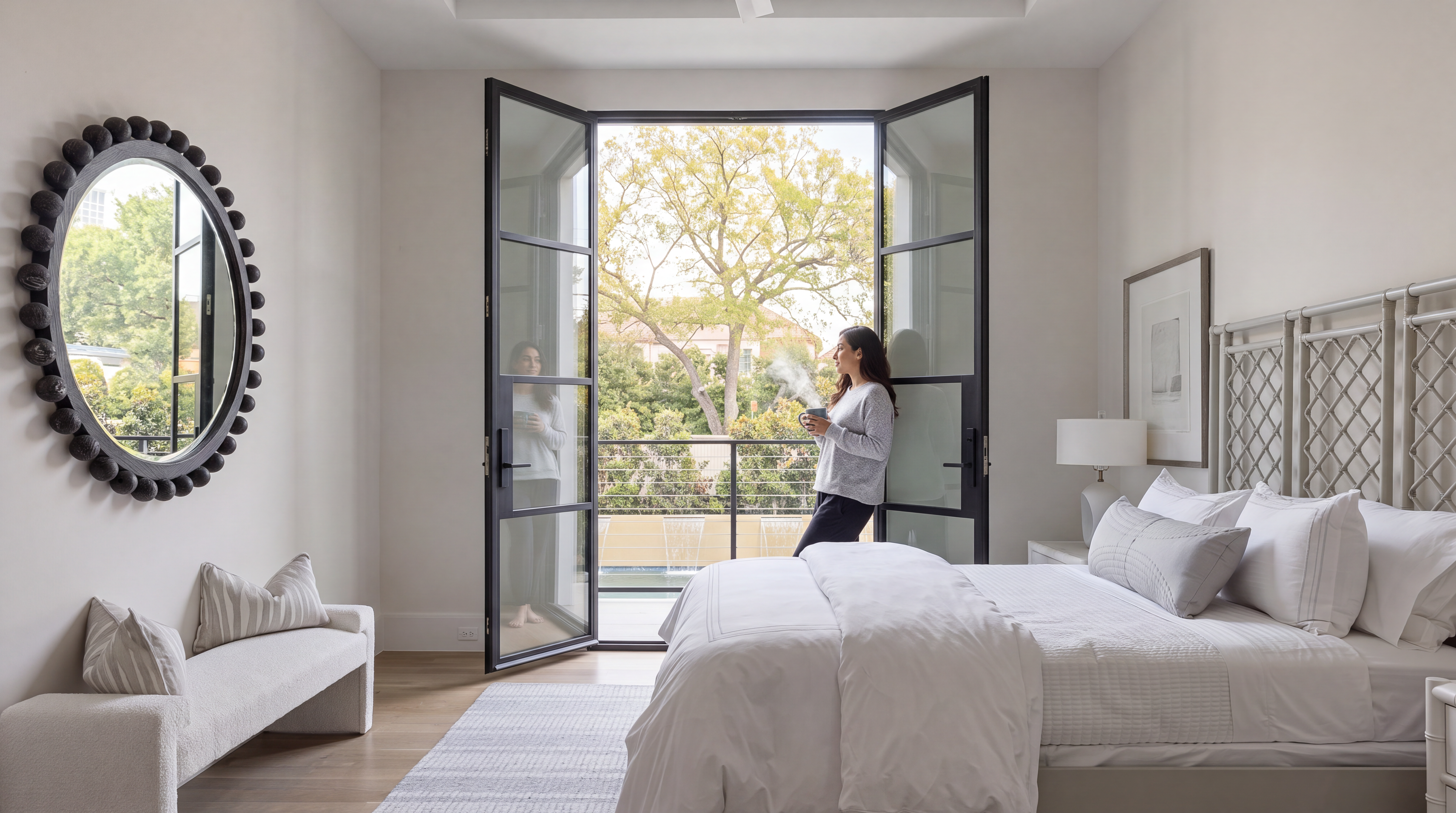 This elegant and serene primary bedroom features neutral tones, a textured upholstered headboard, and minimalist décor. A dramatic, oversized black-framed round mirror adds character, while modern French doors open onto a private balcony, flooding the room with natural light and a pleasant outdoor view. The overall design emphasizes a calm, luxurious atmosphere with a seamless transition between indoor comfort and outdoor space.