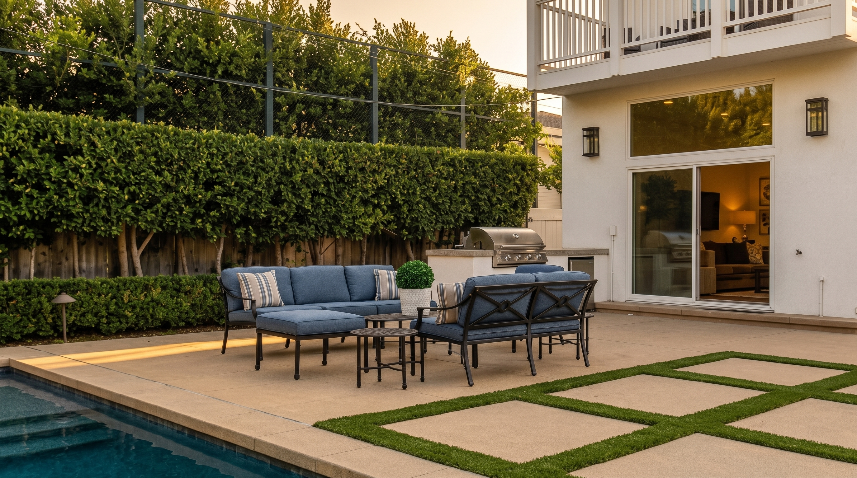 This stunning rear exterior features a modern two-story home with a clean white facade and a balcony overlooking a spacious stone patio. The outdoor living area is highlighted by a private swimming pool, a custom built-in barbecue station, and a geometrically patterned turf and paver design. The layout offers an ideal blend of luxurious indoor-outdoor connectivity and refined landscaping, perfect for seamless entertaining.