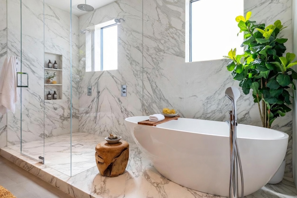This luxurious primary bathroom features a seamless glass-enclosed walk-in shower and a freestanding soaking tub set against a backdrop of large-format stone wall tiles. A natural wood stool sits beside the tub, while a tall, vibrant potted plant adds a touch of organic color to the bright, airy space. The perspective is eye-level, capturing the clean lines and high-end finishes that define this spa-like retreat.