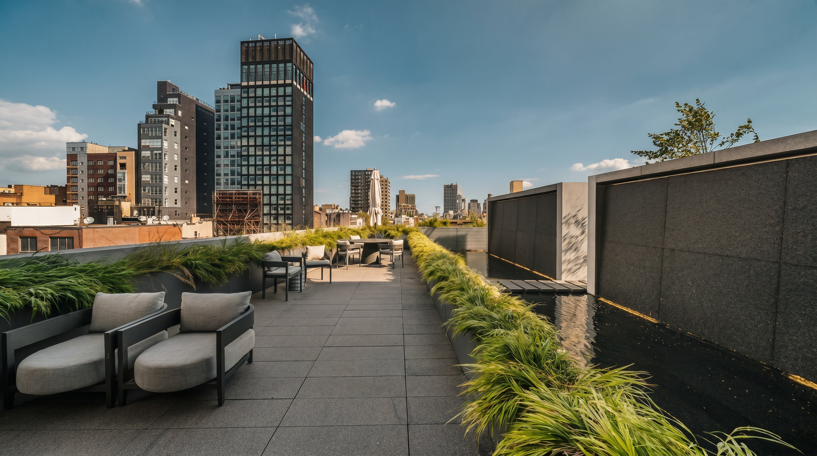 This expansive rooftop terrace offers a sophisticated outdoor living space with a sleek, modern design. The area features a long, linear water feature bordered by lush ornamental grasses, comfortable lounge seating, and a dining set, all set against a backdrop of the city skyline. The perspective captures the length of the terrace, emphasizing the blend of urban architecture and curated landscaping.