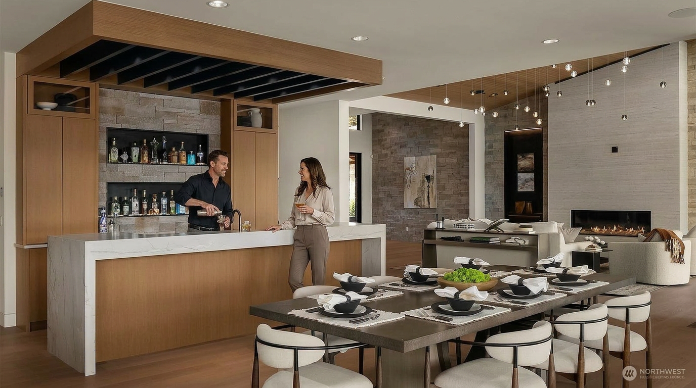 This sophisticated open-concept space features a formal dining area in the foreground with a large table set for eight, seamlessly transitioning into a modern wet bar and a cozy living area with a fireplace. The design showcases high-end finishes, including light wood flooring, stone accent walls, and a striking wooden ceiling feature above the bar. The perspective is a wide-angle shot that captures the elegant flow and luxurious, contemporary aesthetic of the home's main living level.