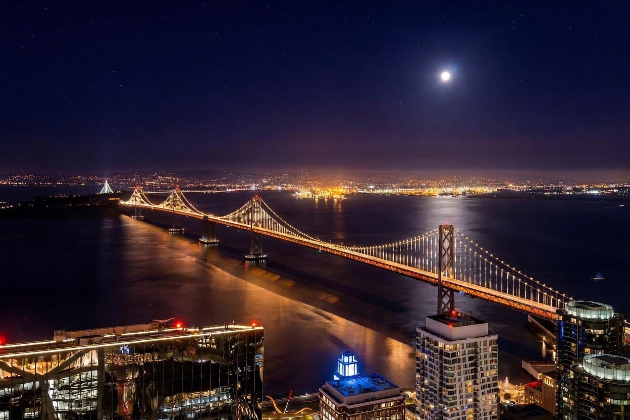 This stunning aerial night view captures the iconic Bay Bridge illuminated against a dark, starry sky with a full moon. In the foreground, modern high-rise buildings with glowing windows frame the scene, emphasizing the property's prime urban location. The composition offers a cinematic perspective of the city skyline and the expansive waterfront, highlighting the prestigious and vibrant atmosphere of the area.