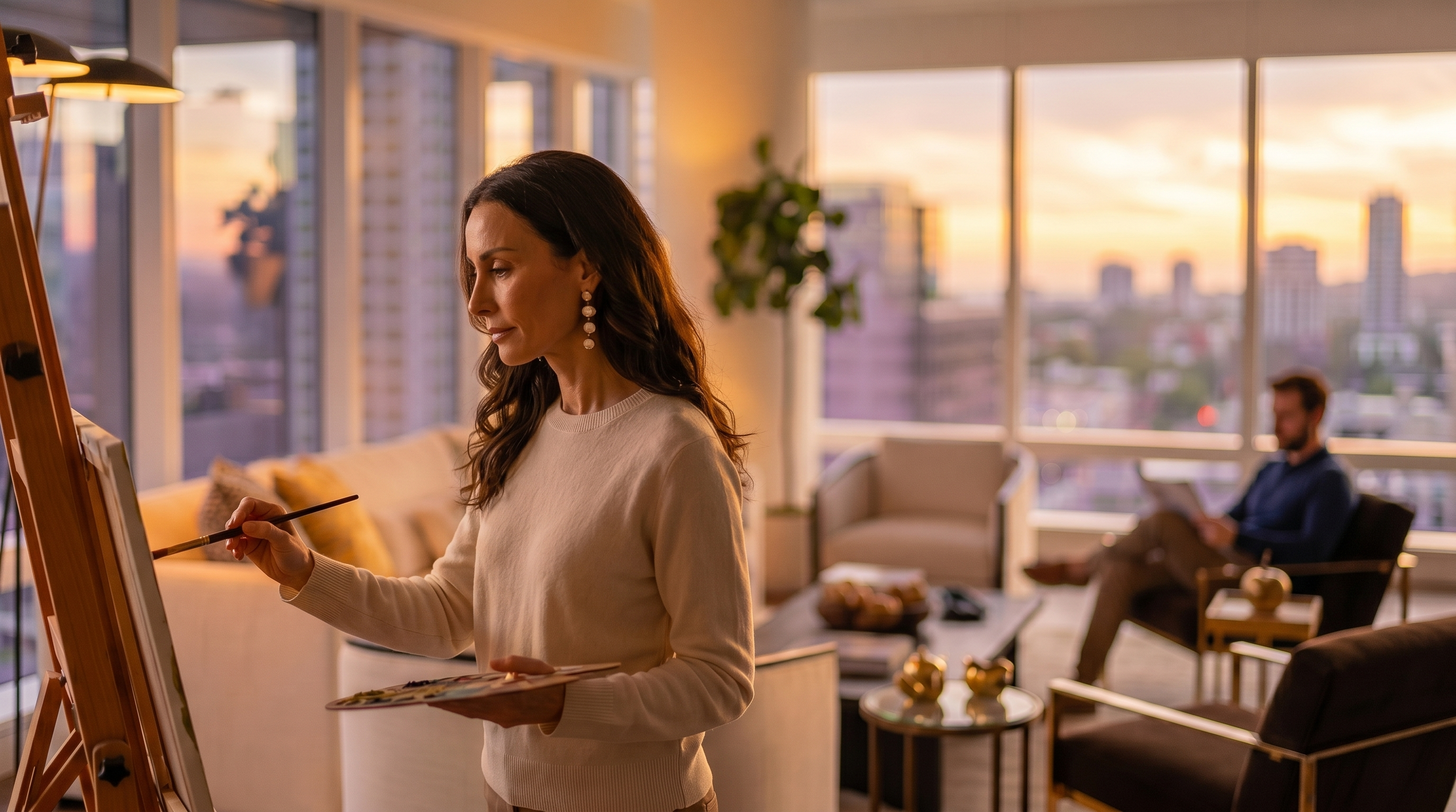 This sophisticated and spacious living room features expansive floor-to-ceiling windows that provide sweeping urban city views and abundant natural light. The room is elegantly furnished with a modern white curved sofa, stylish brown accent chairs, and gold-trimmed side tables, all anchored by a plush neutral area rug. A unique artistic element is introduced by the wooden easel and framed artwork, contributing to the high-end, contemporary aesthetic of this luxury apartment.
