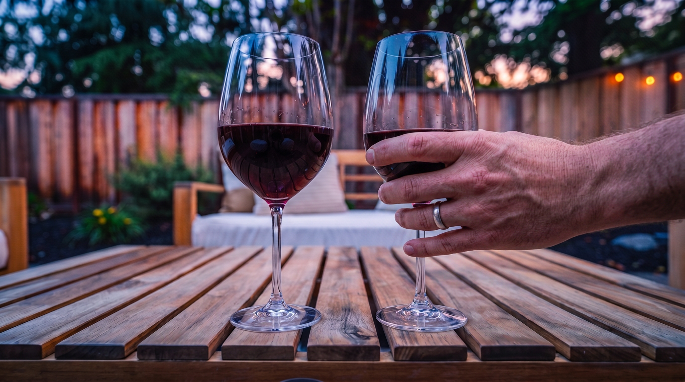 This intimate outdoor setting features a slatted wooden table holding two glasses of red wine, creating a relaxing and sophisticated atmosphere. In the background, a cushioned bench sits on a private patio space, enclosed by a wood privacy fence and ambient evening lighting. It is an ideal spot for outdoor entertaining, showcasing a well-maintained and inviting backyard area.