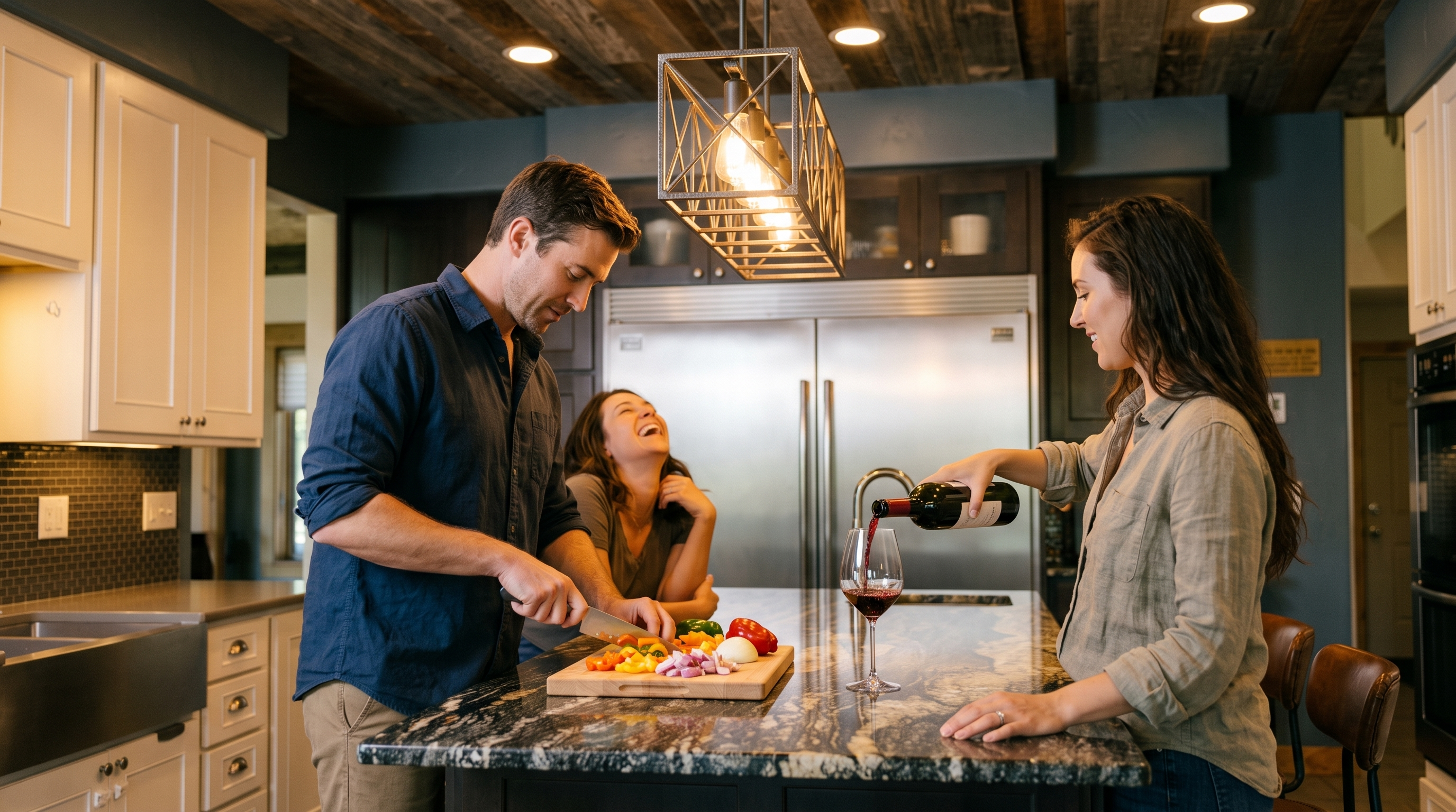 This kitchen features a large dark granite island, modern pendant lighting, and a blend of white cabinetry with dark accents. The space includes high-end stainless steel appliances and a warm, inviting atmosphere, ideal for social gatherings. Its open layout and modern design elements make it a highlight for a contemporary home.