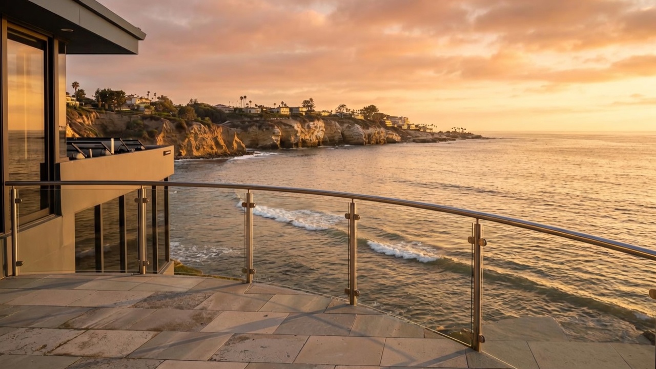 This stunning contemporary balcony offers a breathtaking panoramic view of the La Jolla Cove coastline at sunset. The space features elegant stone tiling, a modern glass-and-metal railing system, and an expansive outlook that highlights its premium waterfront location. It serves as an exceptional outdoor living area, perfect for entertaining and enjoying the serene coastal atmosphere.