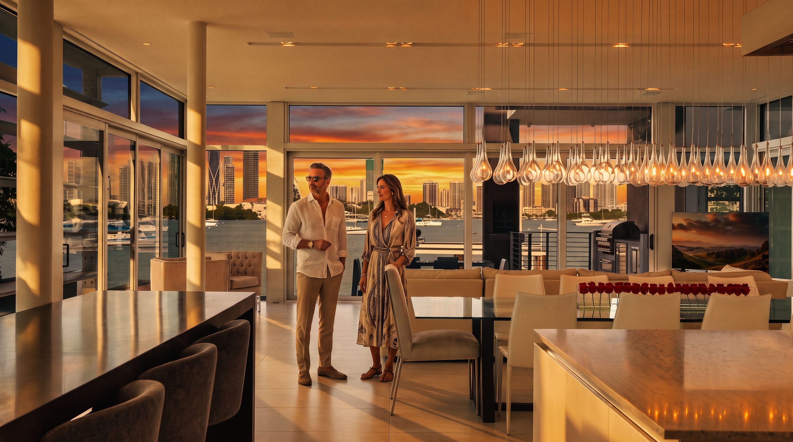This expansive, modern living and dining area features a bright, open-concept layout with large windows that provide panoramic views of the water and city skyline. The space is anchored by a sleek dining table with white chairs and a comfortable sofa arrangement, all illuminated by a striking, multi-pendant light fixture. The minimalist aesthetic is complemented by light-toned flooring and a clean, neutral color palette that emphasizes the connection to the outdoor scenery.