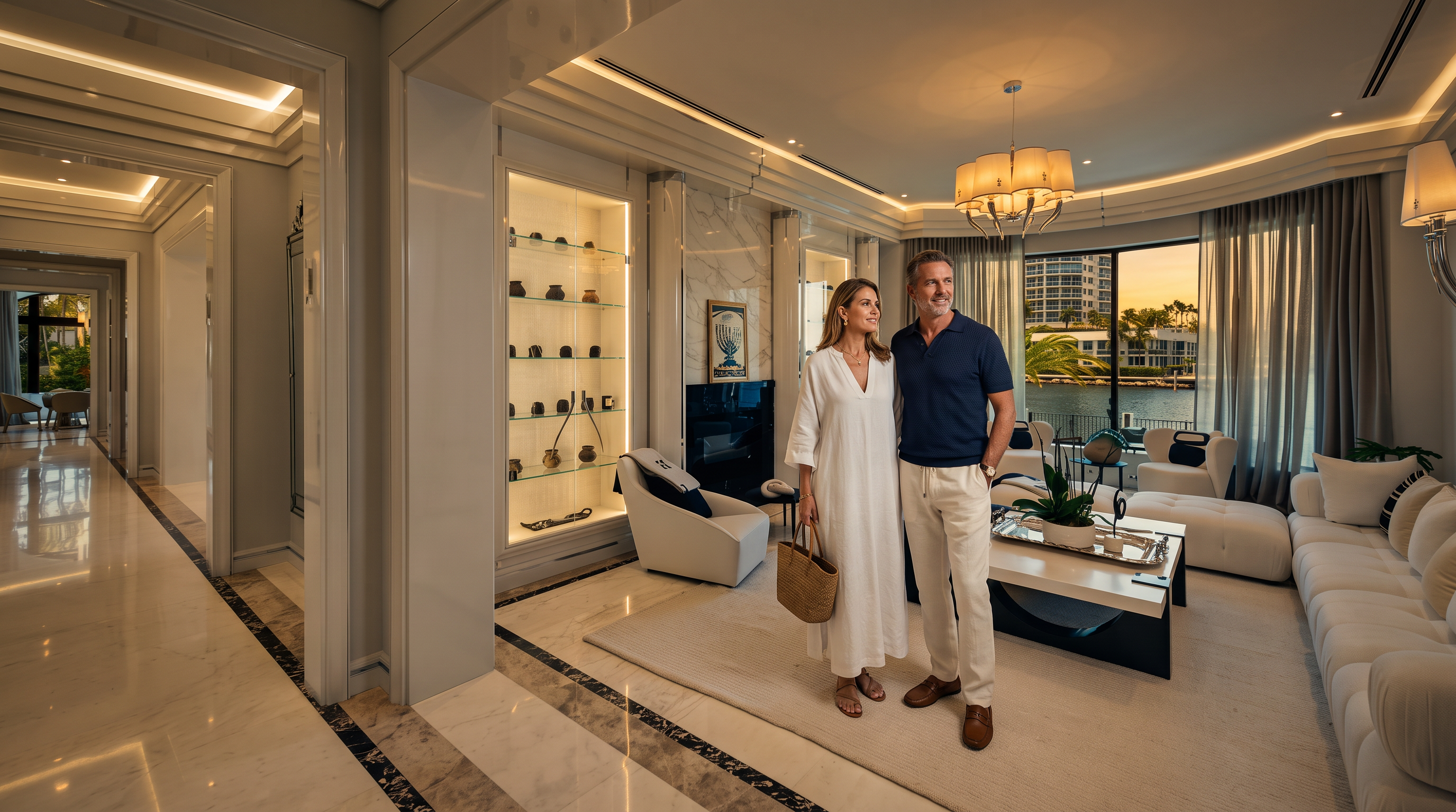 This elegant, light-filled living room features a sophisticated neutral palette with polished stone flooring and a large area rug. The space is anchored by a central fireplace with a tall stone surround, flanked by illuminated display shelving, while a wall of large windows provides expansive views of the water and surrounding landscape. The room is furnished with plush white seating, a modern coffee table, and a crystal chandelier, creating an atmosphere of refined luxury.