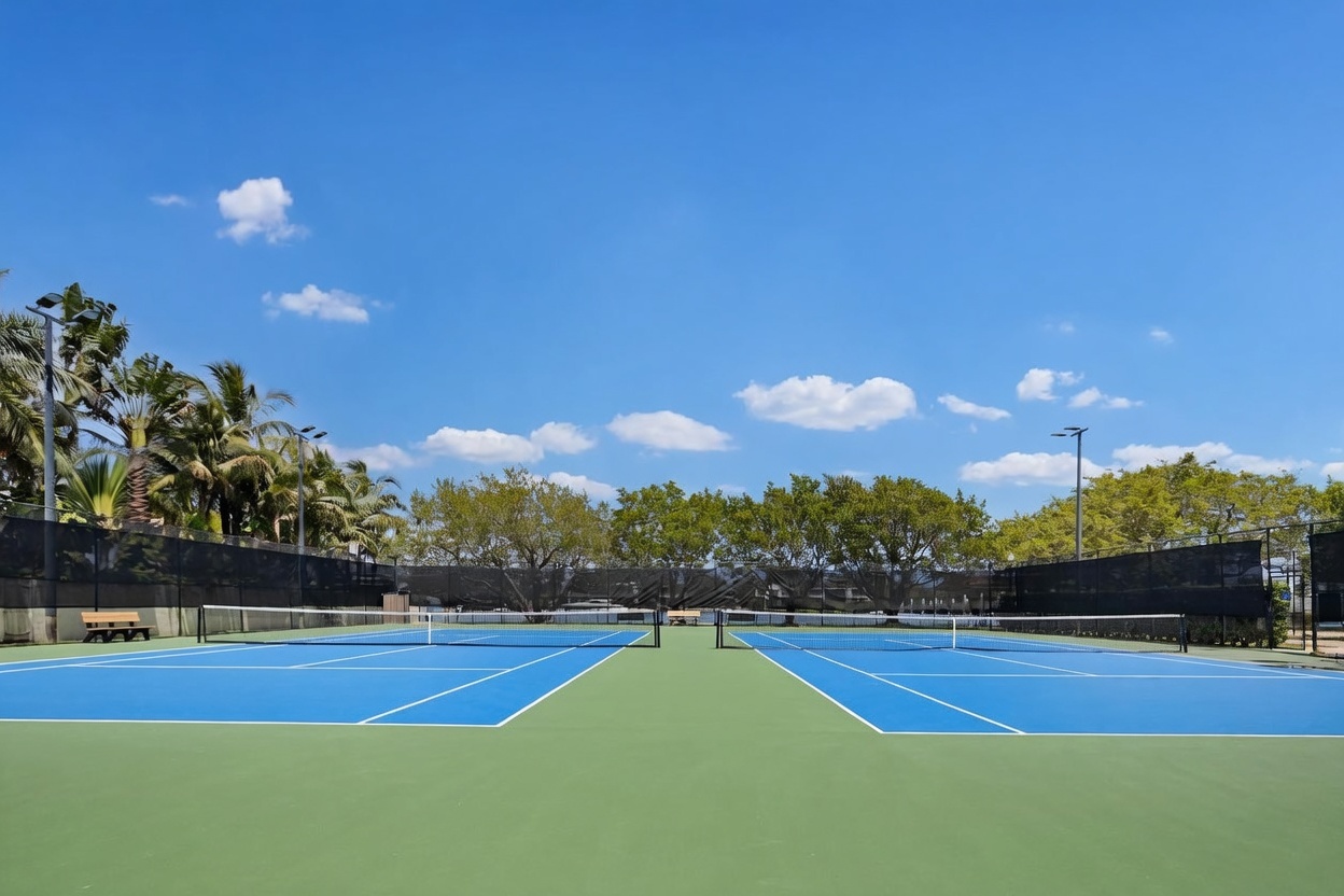 This image showcases a pair of well-maintained tennis courts with vibrant blue playing surfaces and green perimeter areas. The courts are enclosed by black chain-link fencing and are surrounded by mature palm trees and lush green foliage, creating a private recreational space. The perspective is a wide-angle, eye-level shot from the center of the court, emphasizing the expansive and inviting nature of the facility under a clear blue sky.
