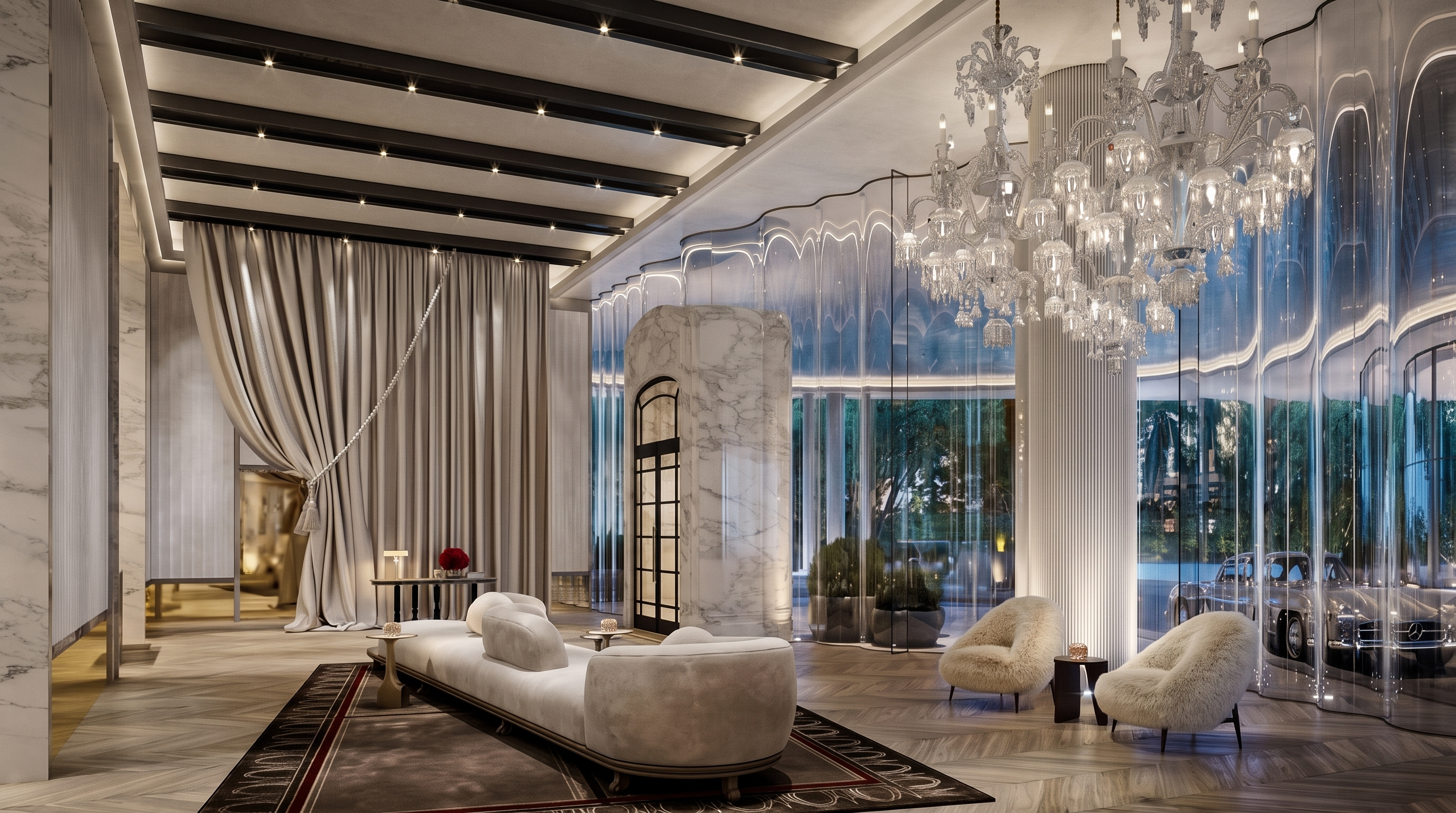This luxurious lobby or lounge area features a grand crystal chandelier, a long curved sofa, and two plush armchairs set upon a patterned area rug. The space is defined by a tall stone-clad pillar, a curved glass partition, and a dramatic draped curtain wall, creating an atmosphere of high-end sophistication. The perspective is a wide-angle shot capturing the expansive, polished flooring and the elegant, modern architectural details.