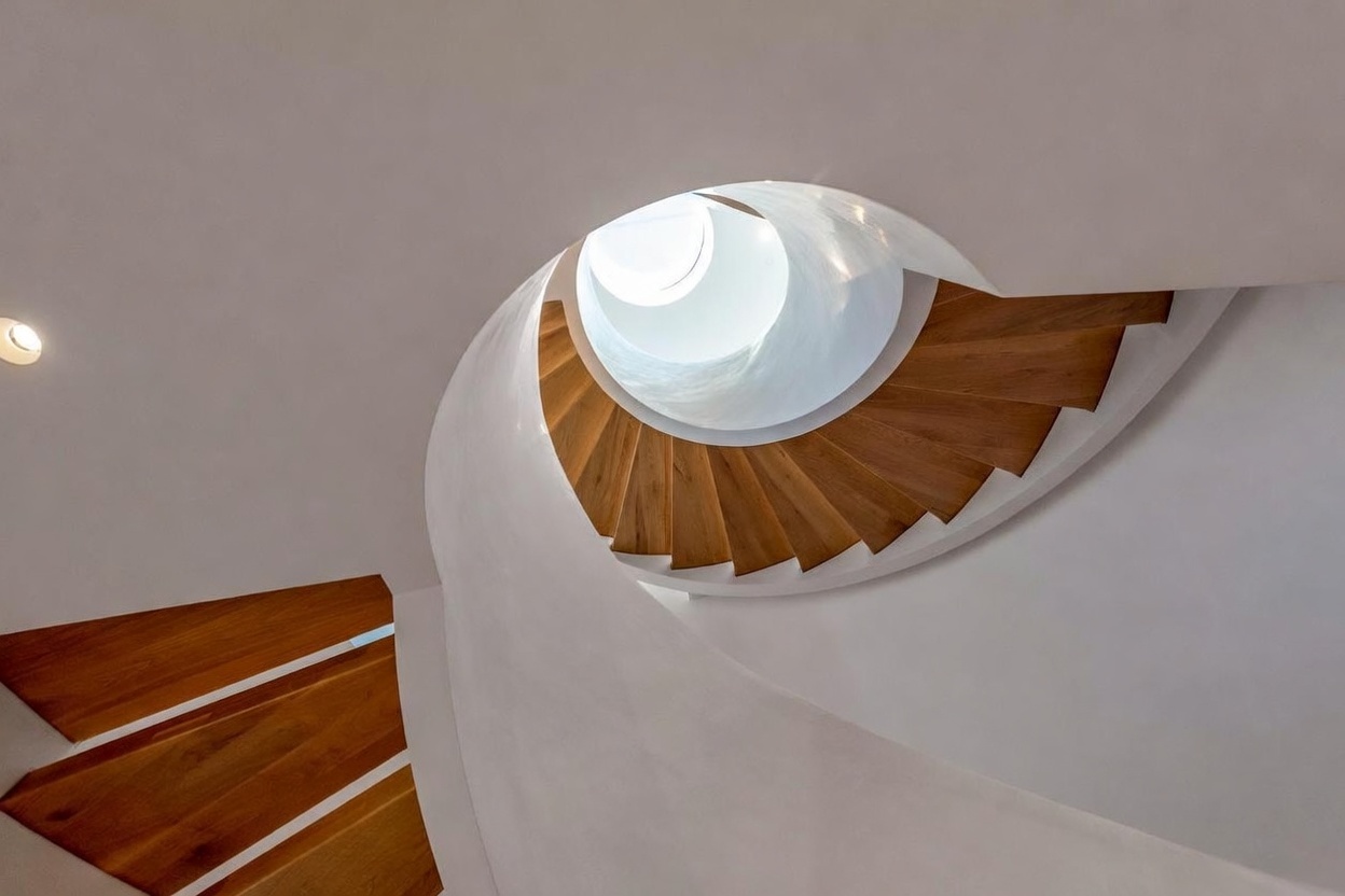 This image captures a striking spiral staircase from a low-angle perspective, looking upward toward a circular skylight. The staircase features warm-toned wood treads that contrast against the smooth, white curved walls, creating a sculptural and modern architectural aesthetic. The composition emphasizes the geometric flow and verticality of the design, drawing the eye toward the natural light pouring in from above.