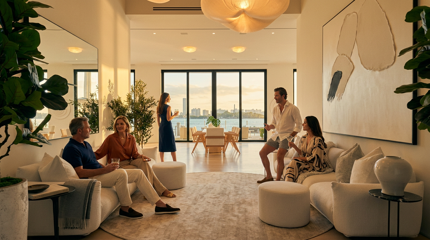 This expansive, high-ceilinged living room features a bright, minimalist aesthetic with white walls and light-toned flooring. The space is anchored by two large, plush white sofas facing each other, centered around a circular area rug, with a dining area visible through the open transition in the background. Large glass doors at the far end provide a clear view of the water, while unique, cloud-like pendant lights hang from the soaring ceiling, adding a sculptural element to the room.