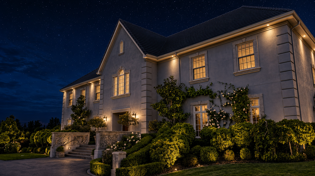 This elegant two-story estate is captured at night, showcasing architectural refinement with sophisticated exterior lighting. The property features detailed stone accents, a grand staircase leading to the entryway, and lush, manicured landscaping adorned with climbing roses. Its stately appearance and illuminated facade under a starry sky provide significant curb appeal and a luxurious atmosphere.