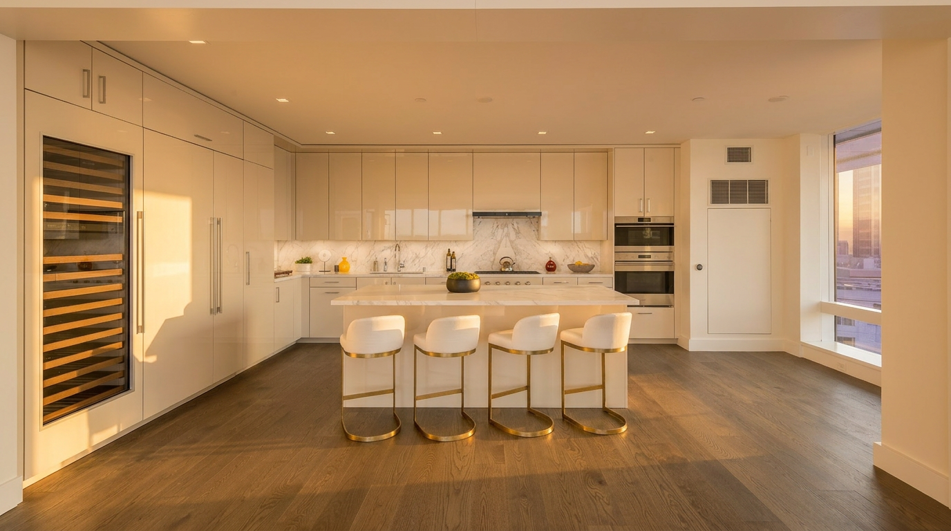 This modern, high-end kitchen features sleek, glossy white cabinetry and a sophisticated marble-topped island with chic gold-accented bar stools. The space is equipped with premium integrated appliances, including a built-in wine refrigerator, enhancing its contemporary and minimalist aesthetic. Large windows flood the area with natural light, creating a bright, open, and luxurious atmosphere.