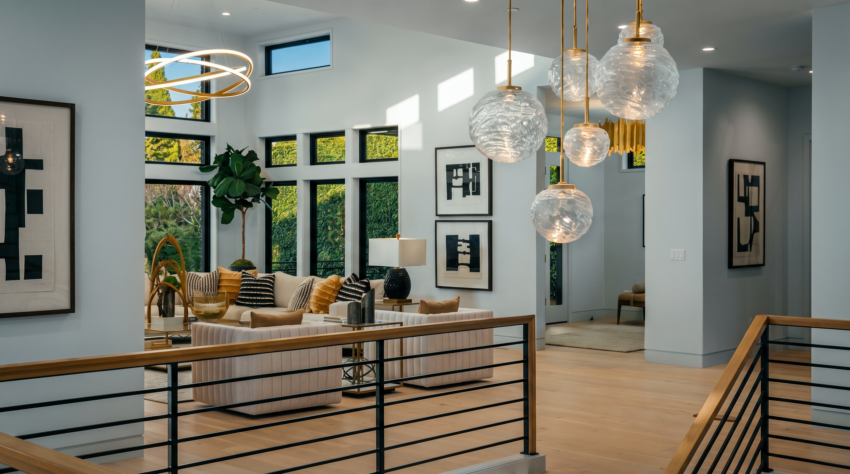 This bright and airy living room features a contemporary open-concept design with light wood flooring and a modern staircase in the foreground. A cluster of elegant, textured glass pendant lights hangs from the high ceiling, creating a sophisticated focal point above the seating area. Large windows allow ample natural light to fill the space, highlighting the neutral-toned furniture and minimalist decor.