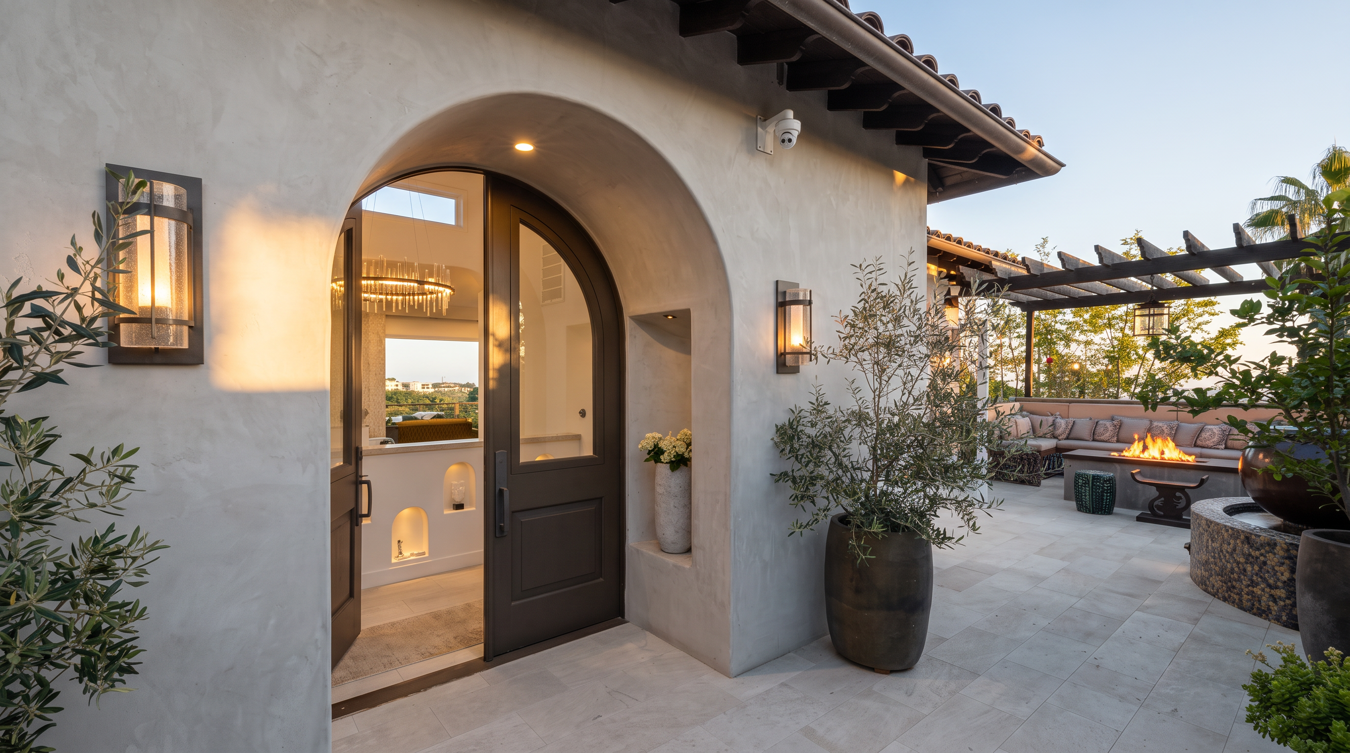 This elegant outdoor living space features a covered patio area with a warm, inviting fire pit and comfortable seating. The architecture showcases a Mediterranean influence with arched doorways, stucco walls, and a tiled roof, creating a seamless transition between the indoor and outdoor environments. The scene is captured at dusk, highlighting the warm glow of the wall-mounted lanterns and the fire, which provides a cozy and sophisticated atmosphere.