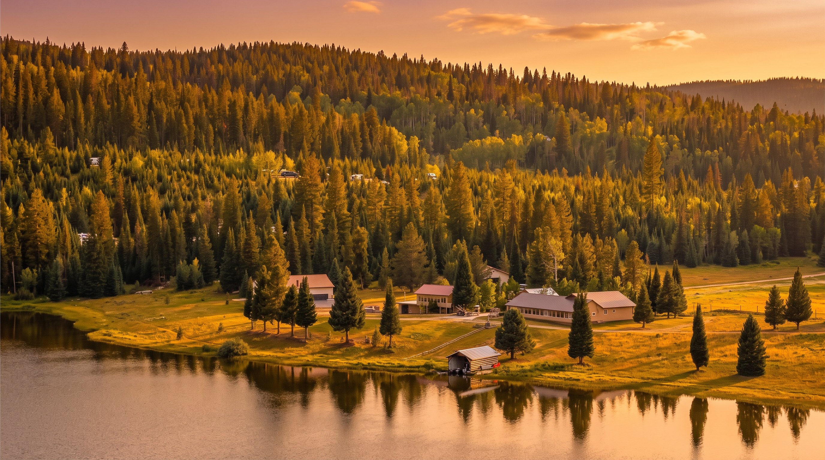 This high-angle aerial view captures a serene lakeside property nestled within a dense, evergreen forest. The scene features a collection of residential buildings, including a main house and outbuildings, situated on a grassy clearing that slopes gently toward the water's edge, where a small boat house sits. The expansive landscape emphasizes the property's secluded, natural setting and direct waterfront access.