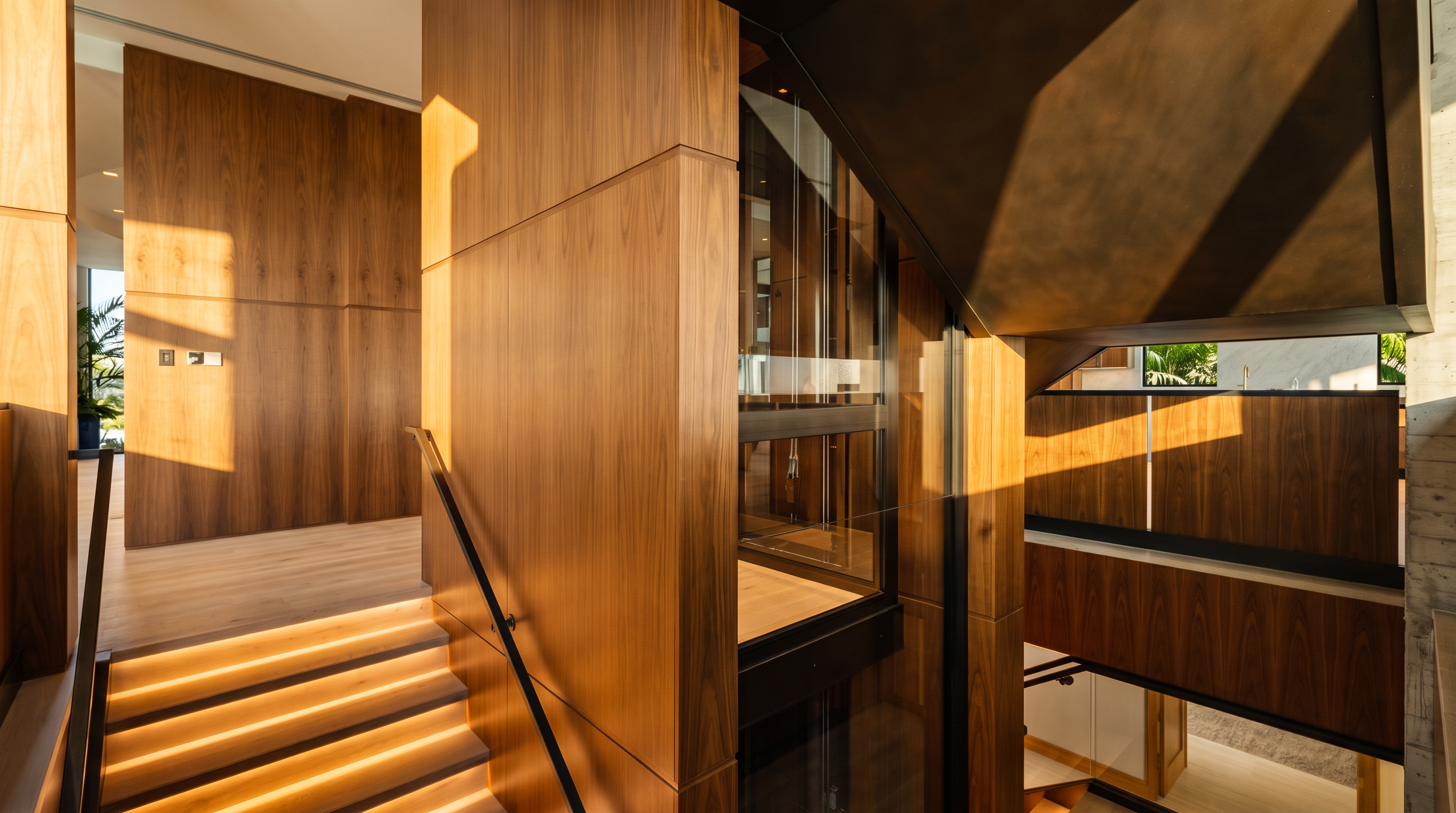 This interior view showcases a sophisticated staircase and a glass-enclosed elevator integrated into a wall paneled with warm-toned wood. The stairs feature integrated lighting along the treads, creating a modern and inviting atmosphere. The perspective captures the transition between levels, highlighting the clean lines and high-end materials used throughout the architectural design.
