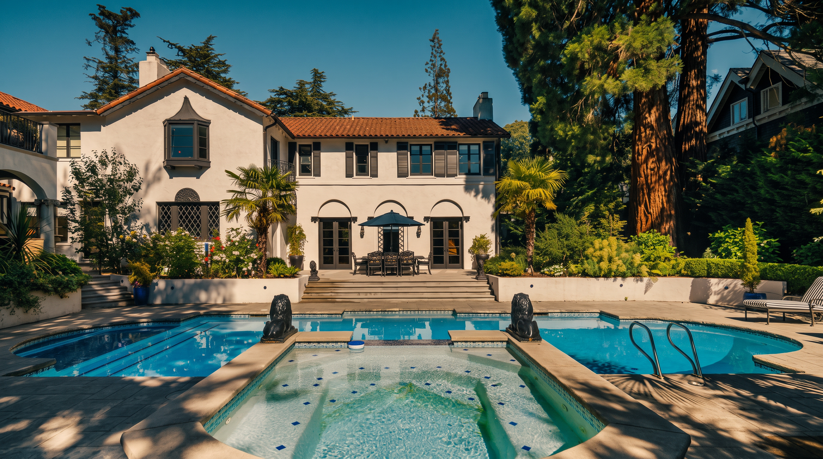 This rear view of a Mediterranean-style residence showcases a multi-level backyard featuring a large swimming pool and an integrated spa. The home features a light-colored stucco facade, a red-tiled roof, and arched glass doors leading to a stone patio area. Mature trees and lush landscaping frame the property, creating a private and serene outdoor living space.