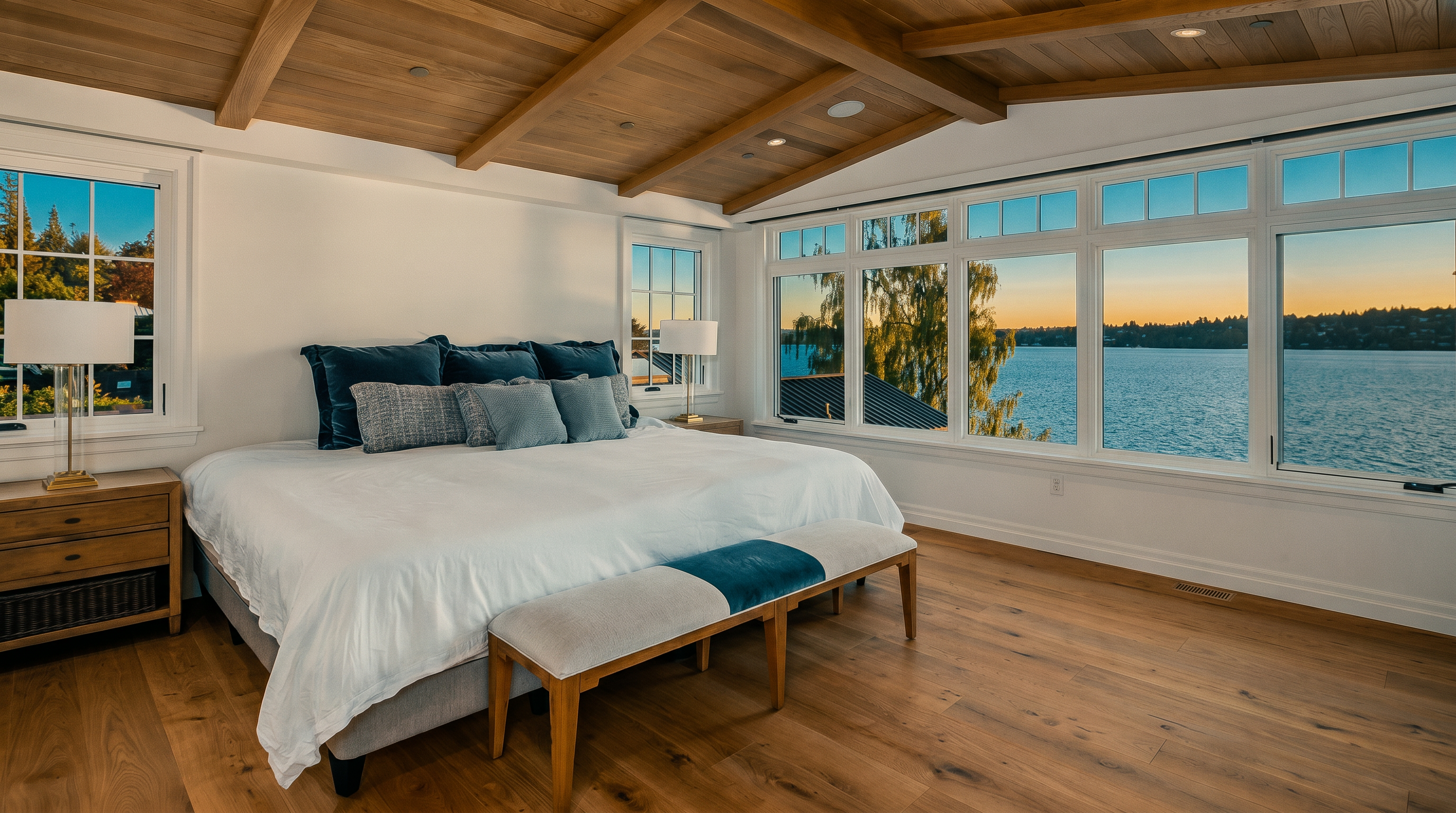 This primary bedroom features a vaulted wood-paneled ceiling with exposed beams and light-toned wood flooring. A large bed with plush bedding is positioned against a wall, while expansive windows provide a panoramic view of the water and sunset. The room is accented by a neutral-toned bench at the foot of the bed and matching bedside tables with lamps, creating a serene and airy atmosphere.