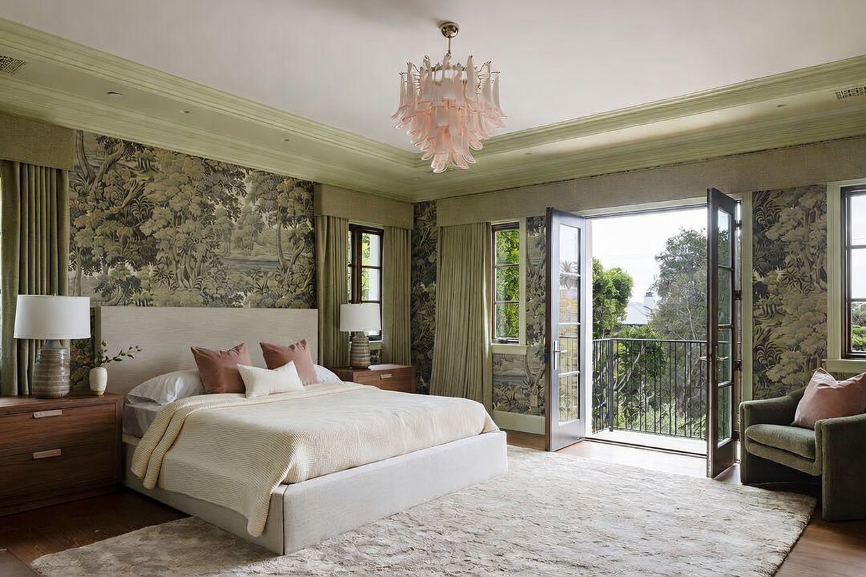 This elegant primary bedroom features a sophisticated blend of traditional wallpaper with a forest motif and soft, muted green trim. A plush, light-colored bed serves as the focal point, complemented by a unique, multi-tiered pink glass chandelier and a cozy armchair in the corner. Large glass doors open onto a private balcony, allowing natural light to flood the room and providing a seamless connection to the outdoors.