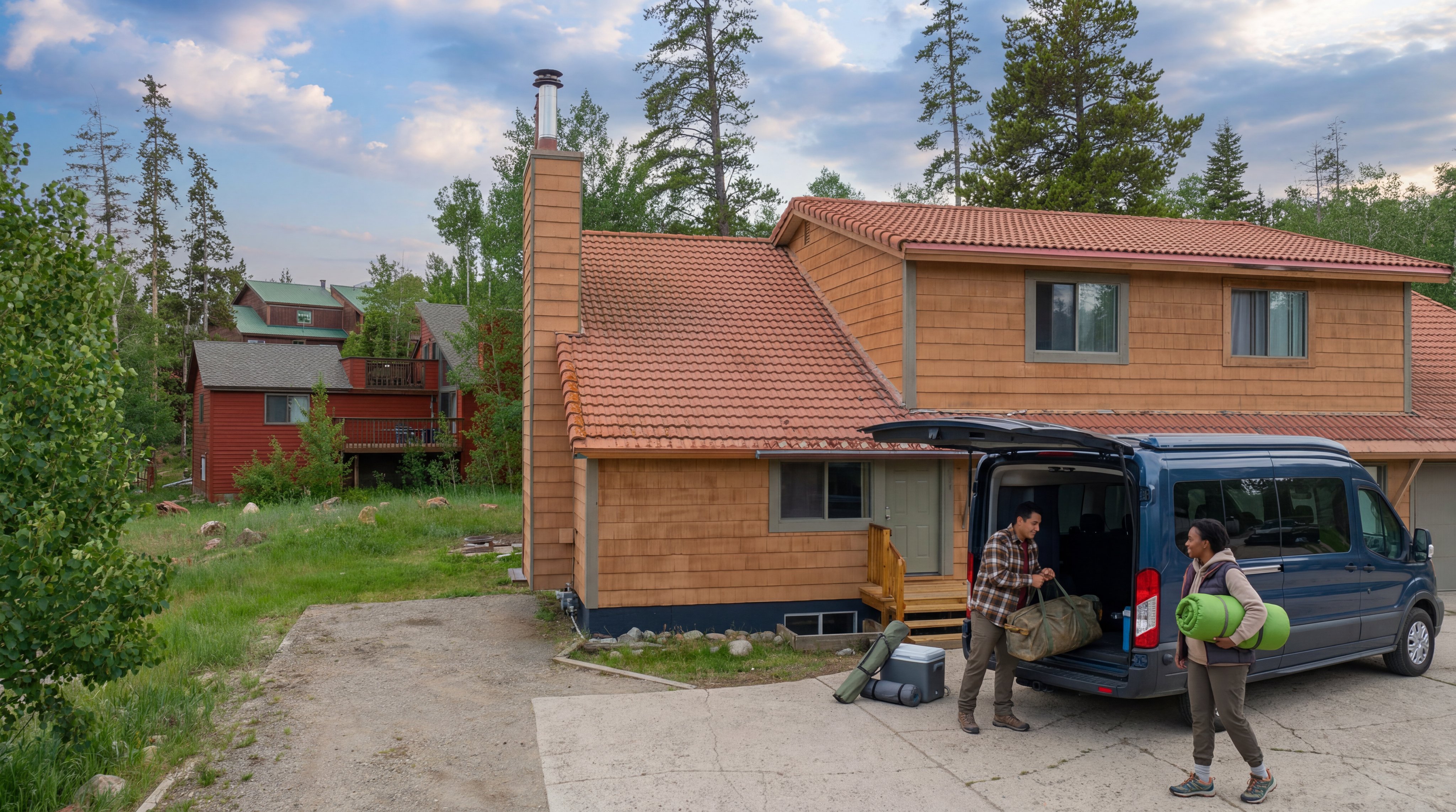 This exterior view showcases a multi-level suburban home with wood-shingled siding and a terracotta tile roof, set in a forested locale. The property features a prominent chimney, concrete driveway, and a welcoming front entrance with wooden steps. A couple is shown loading camping gear into a van parked in the driveway, highlighting the residence's suitability for an active, outdoor-oriented lifestyle.