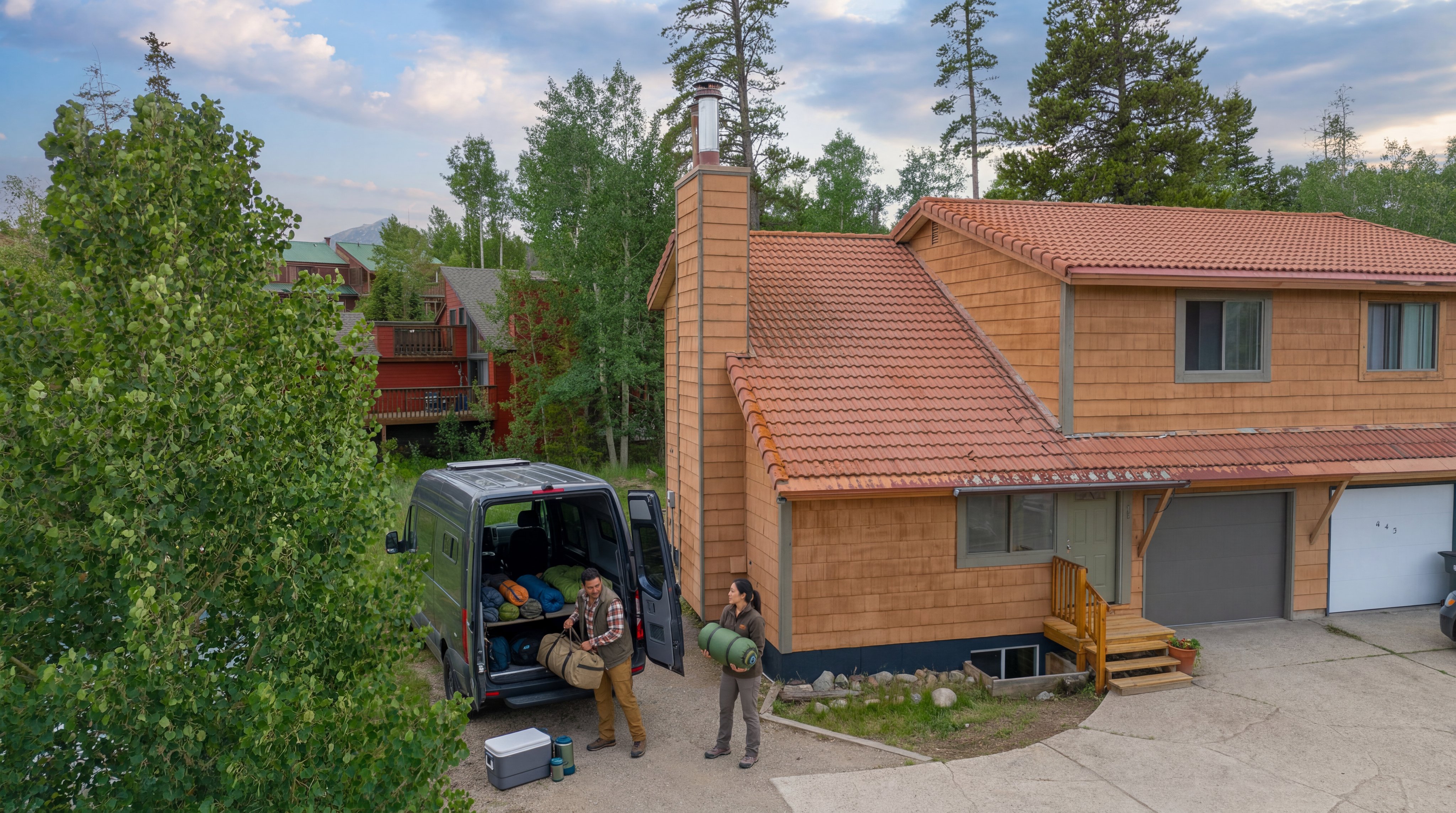 This elevated view captures a rustic, multi-level mountain home featuring wood-shingle siding and a textured terracotta tile roof. Adjacent to the house, a couple is actively loading camping gear into a camper van parked on the driveway, suggesting an adventurous lifestyle. The property is set within a forested landscape, highlighting its integration with nature and scenic surroundings.