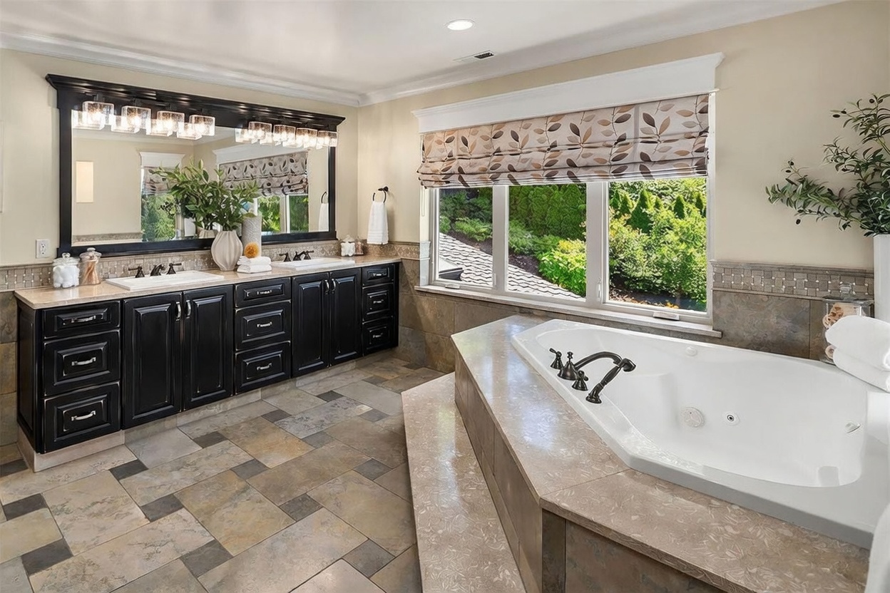 This spacious primary bathroom features a large dual-sink vanity with dark cabinetry and a wide mirror, complemented by a built-in soaking tub set into a stone-topped platform. Large windows with patterned Roman shades provide ample natural light and a view of the lush greenery outside. The room is finished with neutral-toned tile flooring and a sophisticated, traditional aesthetic.