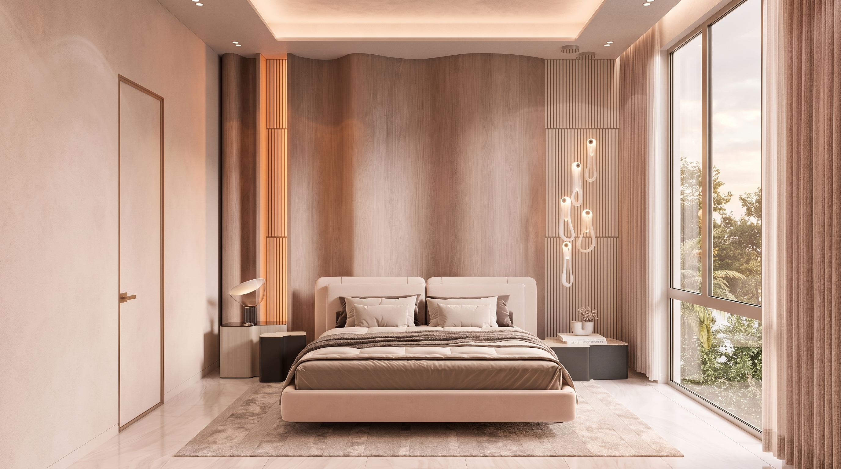 This sophisticated primary bedroom features a central bed set against a dramatic, undulating wood-paneled accent wall with integrated vertical lighting. To the right, a series of sculptural, elongated pendant lights hang near large windows that provide ample natural light and a view of the outdoors. The room is finished with a neutral color palette, a plush area rug, and minimalist bedside tables, creating a serene and high-end contemporary atmosphere.