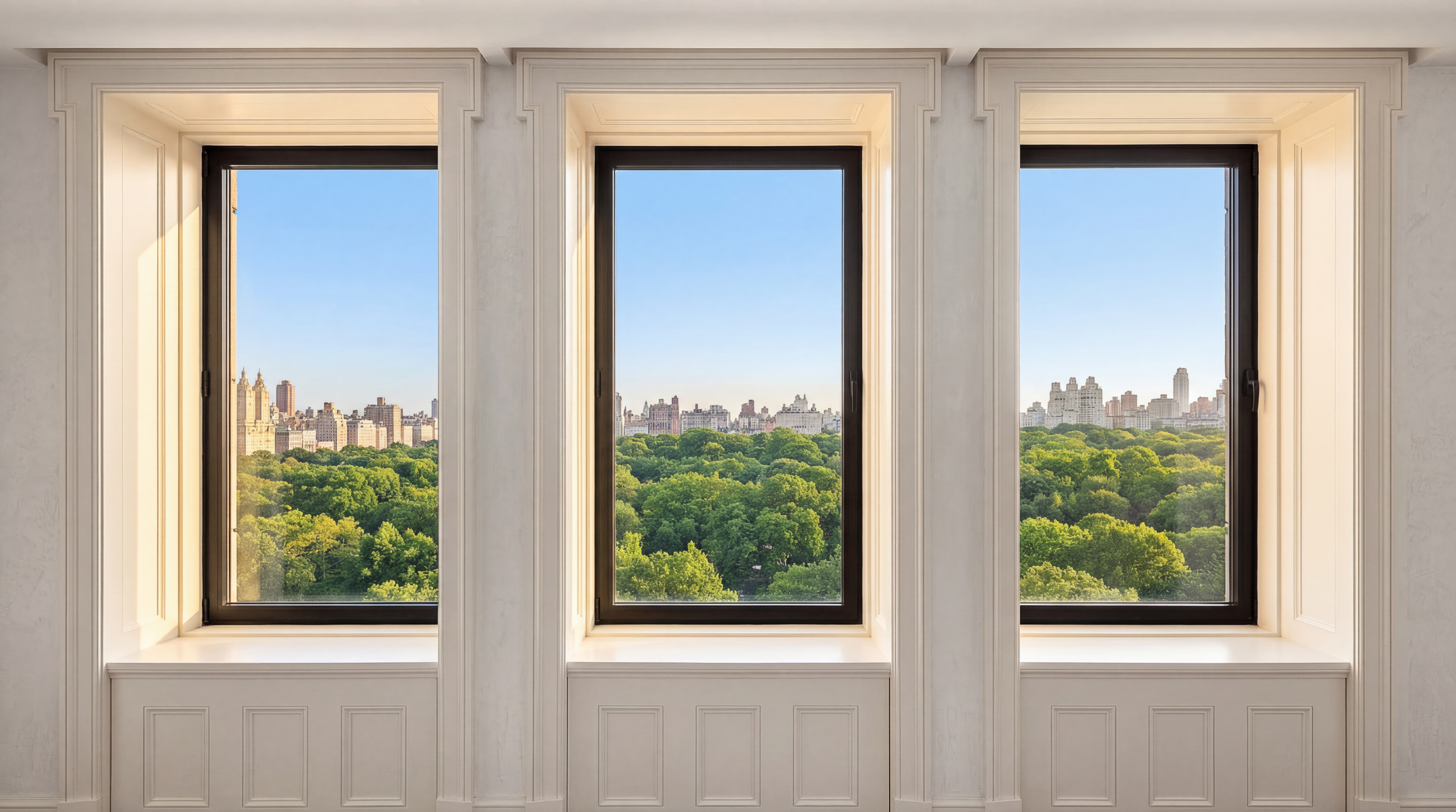 This interior shot highlights a refined living space featuring three large, custom-framed windows that offer a prominent, panoramic view of Central Park and the New York City skyline. The elegant millwork, including detailed wainscoting and sophisticated window casings, emphasizes a classic, high-end design aesthetic. The bright, natural light flooding through the windows creates an airy and luxurious atmosphere, positioning this room as a premier living area.