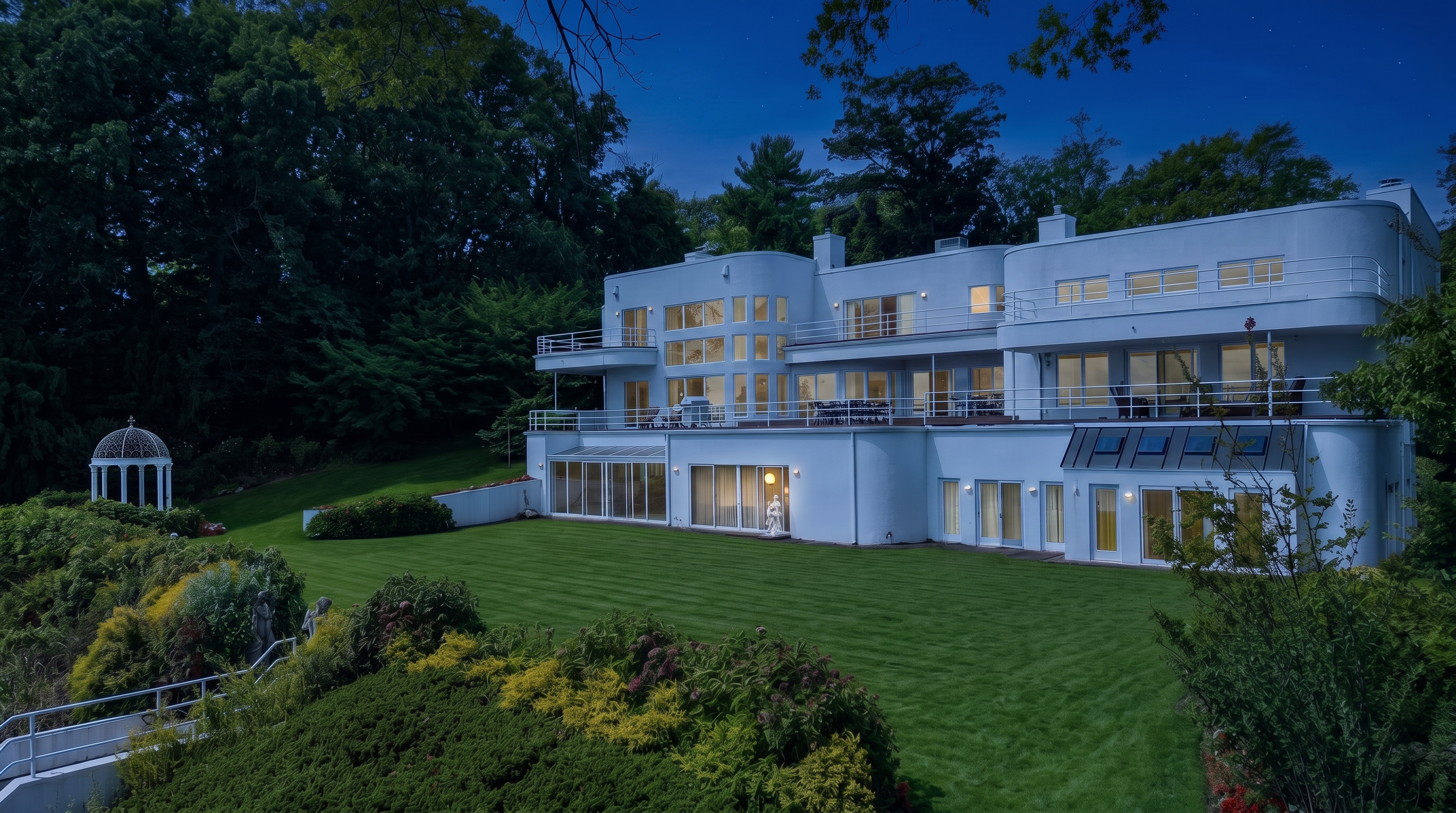 This stunning modernist mansion features a clean, white curved façade with expansive glass windows and multiple balconies overlooking a meticulously groomed lawn. The property includes a charming garden gazebo and tiered landscaping, beautifully illuminated under a crescent moon in a quiet, forested setting. It presents a sophisticated, luxury architectural aesthetic ideal for an upscale lifestyle.