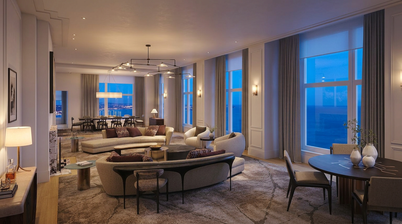 This spacious, open-concept living area features a sophisticated, modern aesthetic with high ceilings and floor-to-ceiling windows offering expansive ocean views. The room is anchored by comfortable, curved cream-colored sofas, designer lighting, and a neutral, patterned area rug that bridges the living and dining zones. The blend of high-end furniture, rich textures, and bright, natural light creates an elegant and inviting atmosphere suitable for a luxury residence.