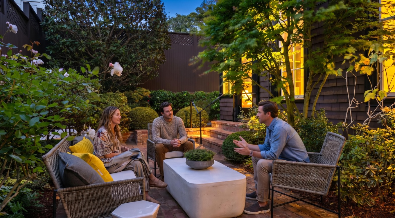 This inviting outdoor patio features a brick-paved seating area furnished with modern wicker chairs and a low, rectangular concrete coffee table. The space is nestled against a dark-shingled home with a set of brick steps leading up to a doorway, surrounded by lush greenery and mature trees. The perspective is a ground-level shot that captures a cozy, private garden atmosphere perfect for relaxation.
