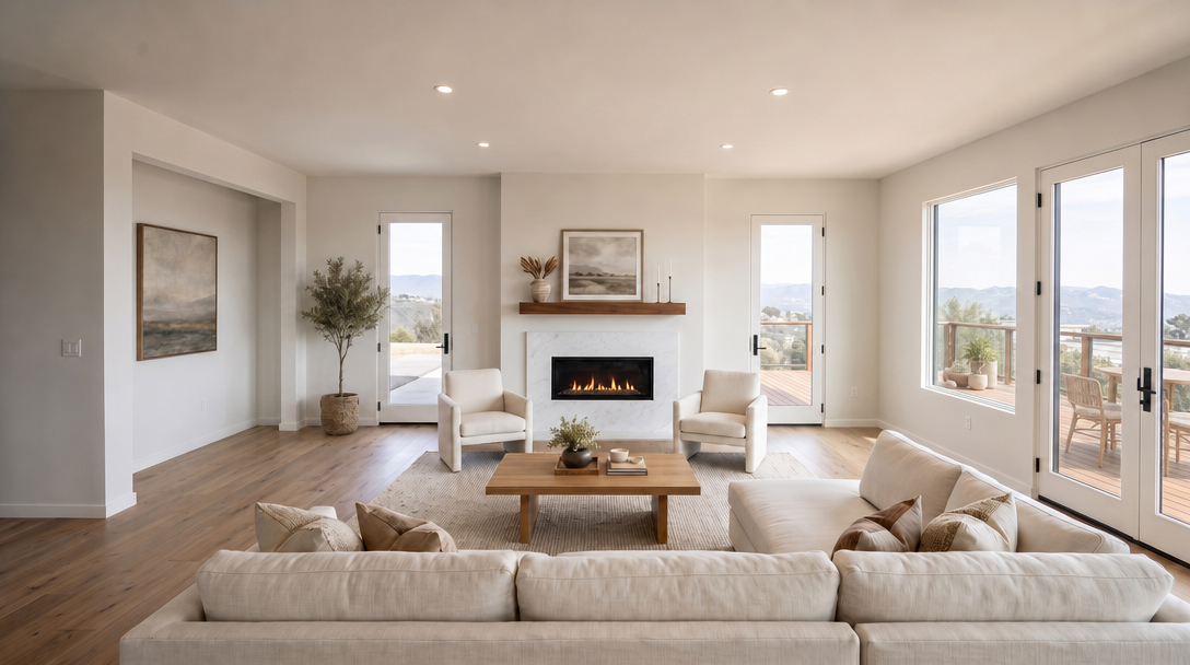 This spacious and airy living room features a modern minimalist aesthetic with a light, neutral color palette and warm wood flooring. A central marble-faced fireplace with a natural wood mantel serves as the focal point, flanked by symmetric access to an outdoor deck through glass-paneled doors. The room is comfortably furnished with a plush cream-colored sectional, matching armchairs, and a low-profile coffee table, creating an inviting and sophisticated atmosphere with scenic views.