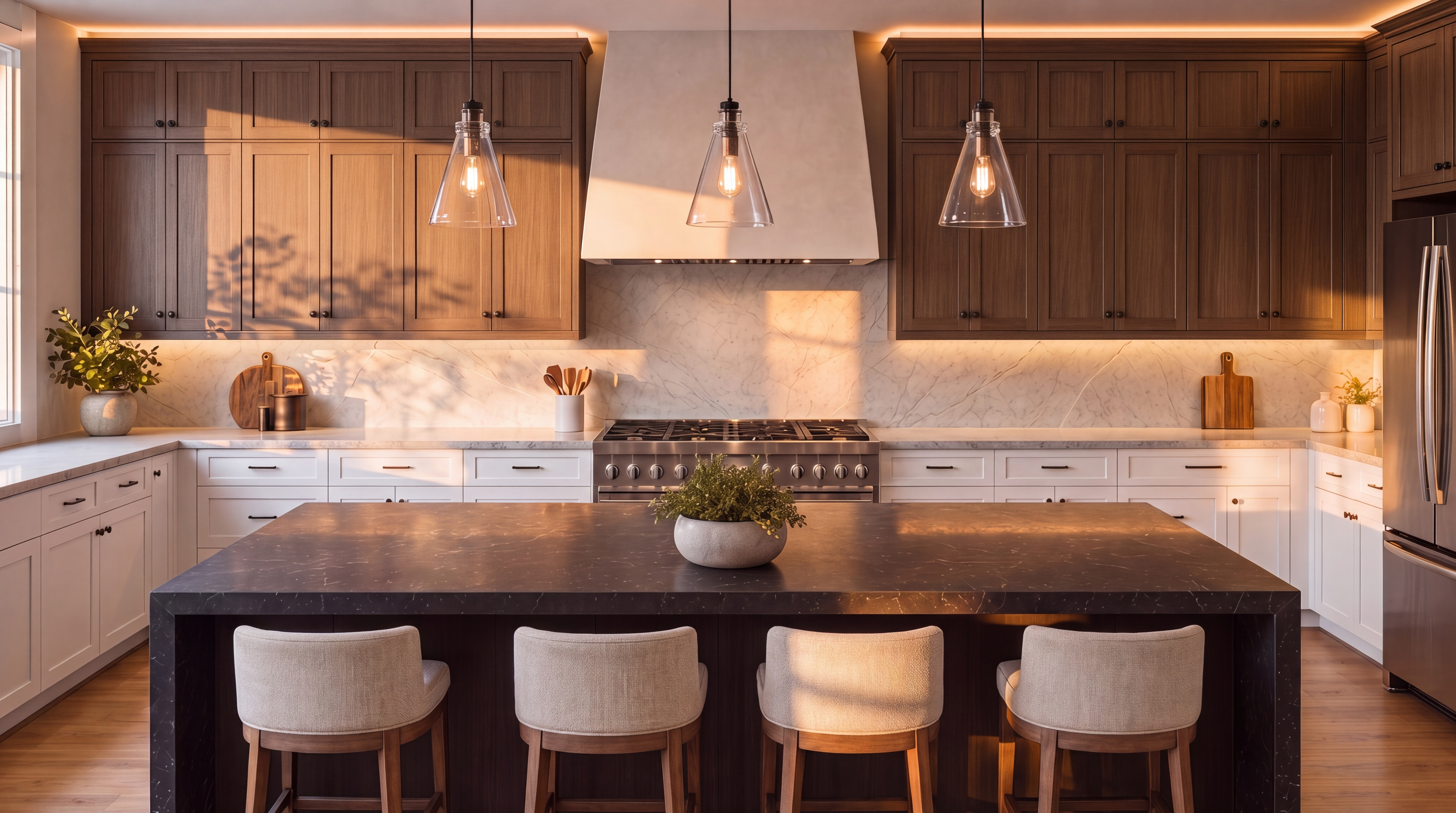 This sophisticated kitchen features a blend of dark wood upper cabinets and crisp white lower cabinetry, centered around a substantial, dark stone-topped island with seating for four. The space is accented by a seamless marble backsplash, a professional-grade stainless steel range, and elegant glass pendant lighting that creates a warm, inviting atmosphere. The design strikes a perfect balance between modern luxury and cozy, functional living, ideal for both cooking and entertaining.