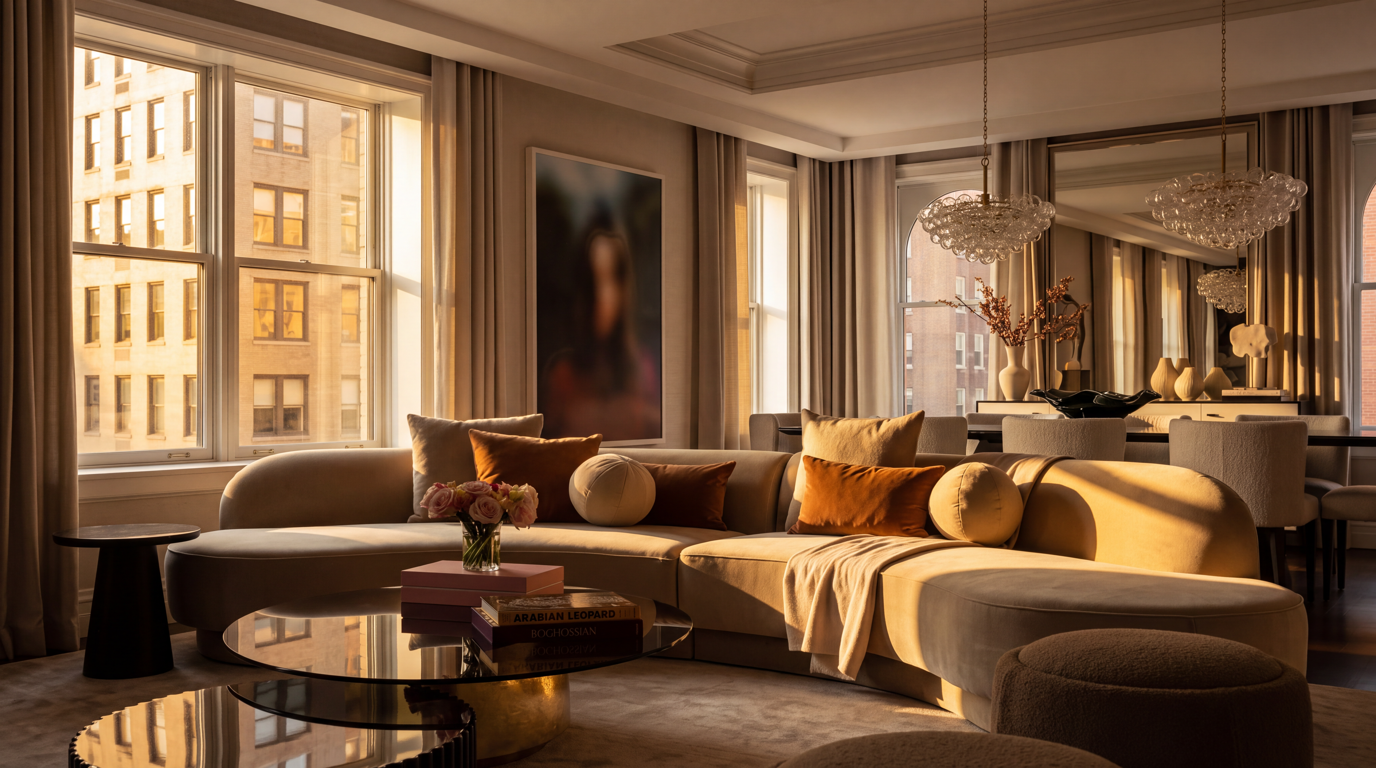 This sophisticated living room features a large, curved sectional sofa in a neutral tone, accented with warm-toned throw pillows and a draped throw blanket. A glass-topped coffee table sits on a plush rug, while two textured ottomans provide additional seating in the foreground. The space is illuminated by elegant, multi-tiered glass chandeliers and features tall windows draped in floor-length curtains, creating a bright and airy atmosphere.
